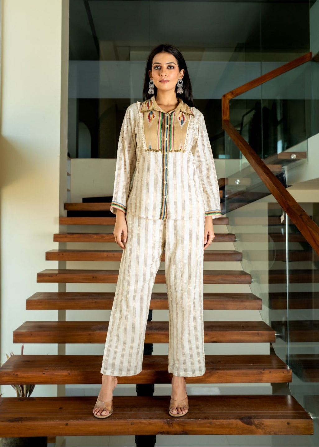 Elegant Beige Striped Stylish Co-ord Set D6270