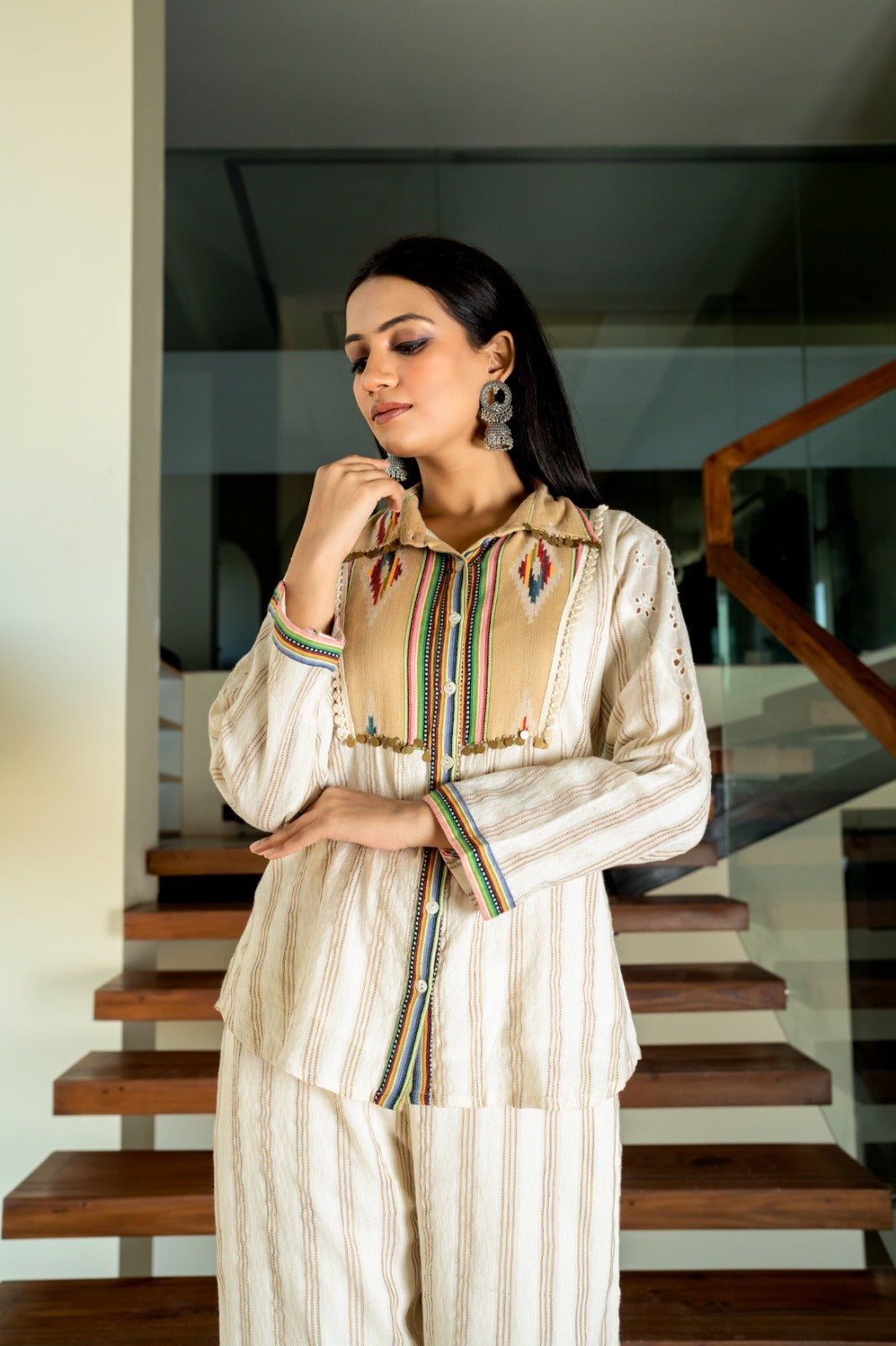 Elegant Beige Striped Stylish Co-ord Set D6270