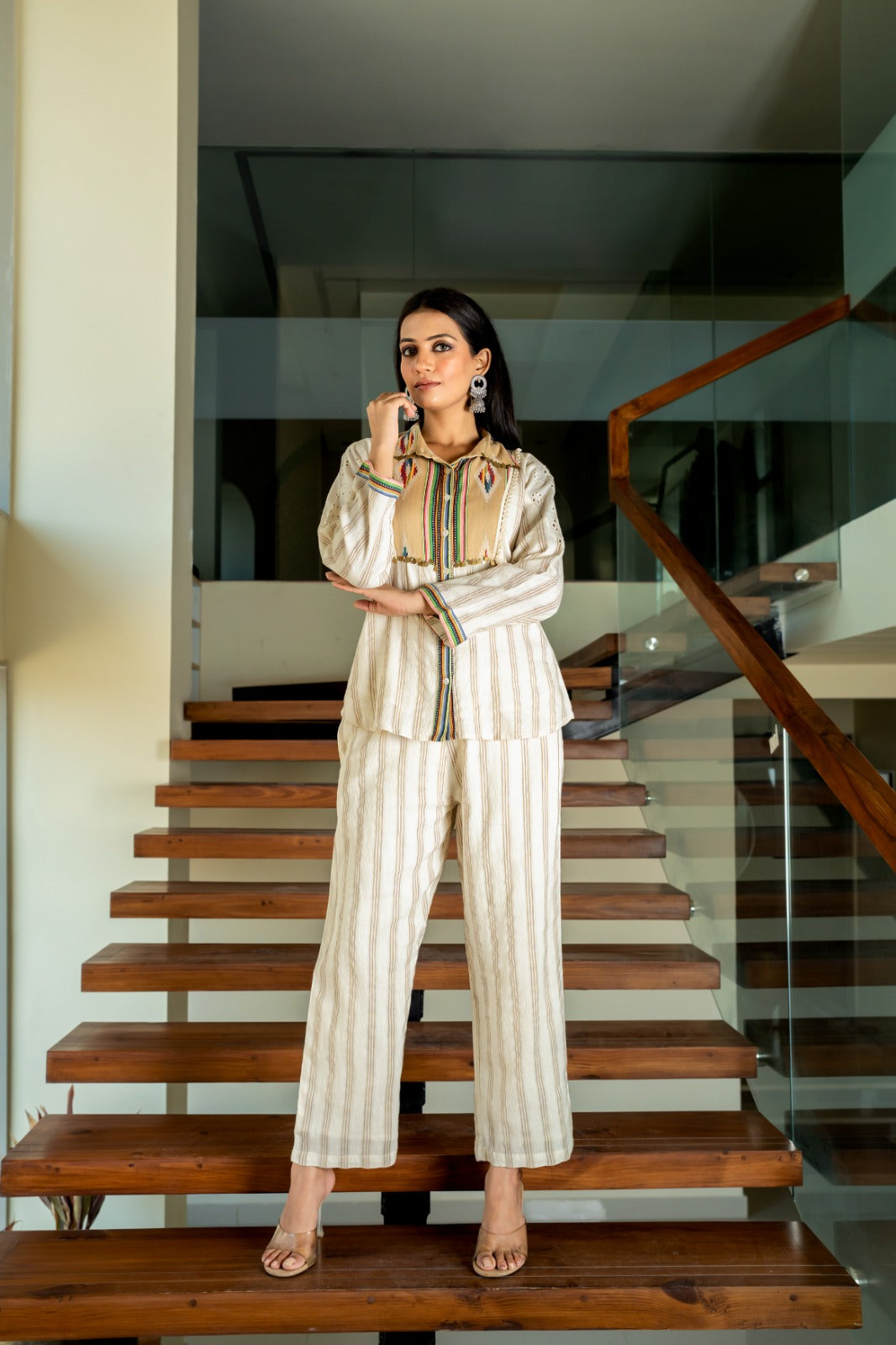 Elegant Beige Striped Stylish Co-ord Set D6270