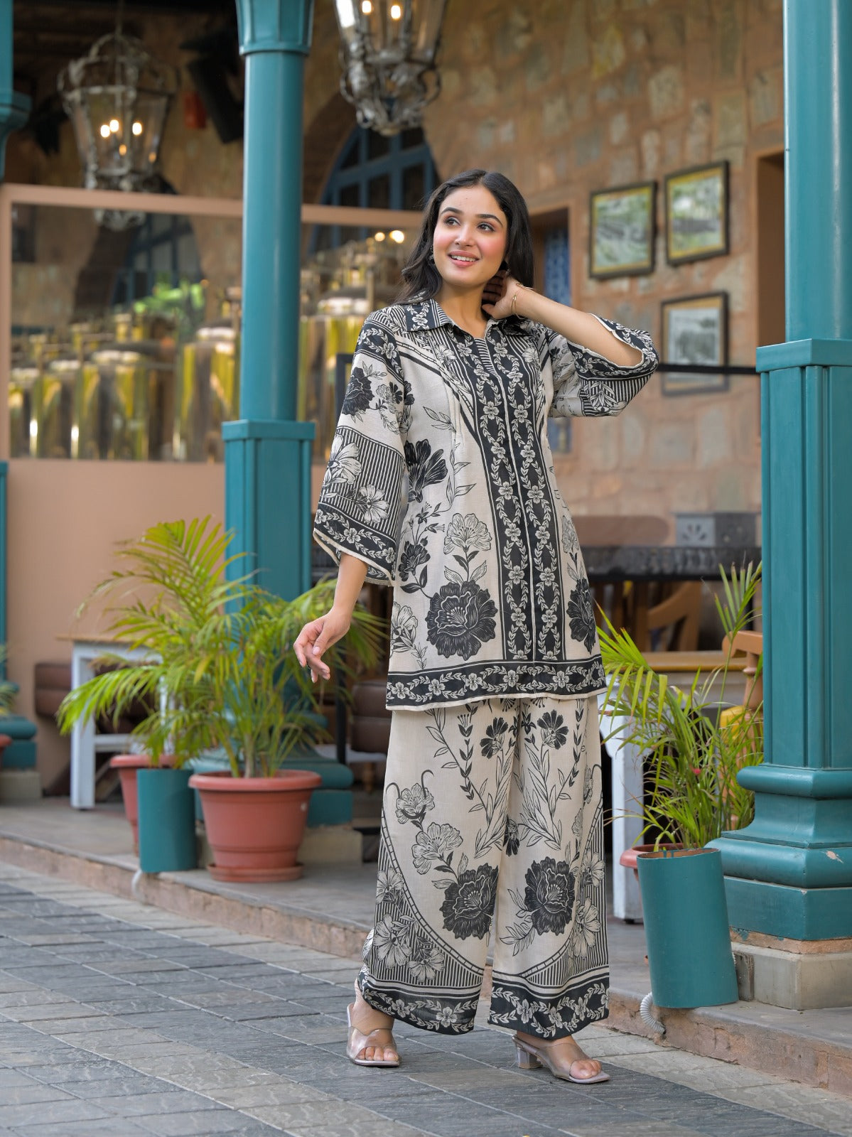 Elegant Black Floral Printed Pure Cotton Co-ord Set D6258