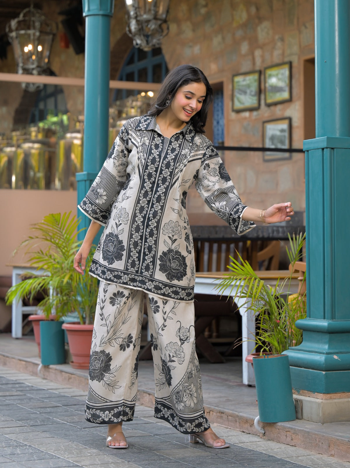 Elegant Black Floral Printed Pure Cotton Co-ord Set D6258