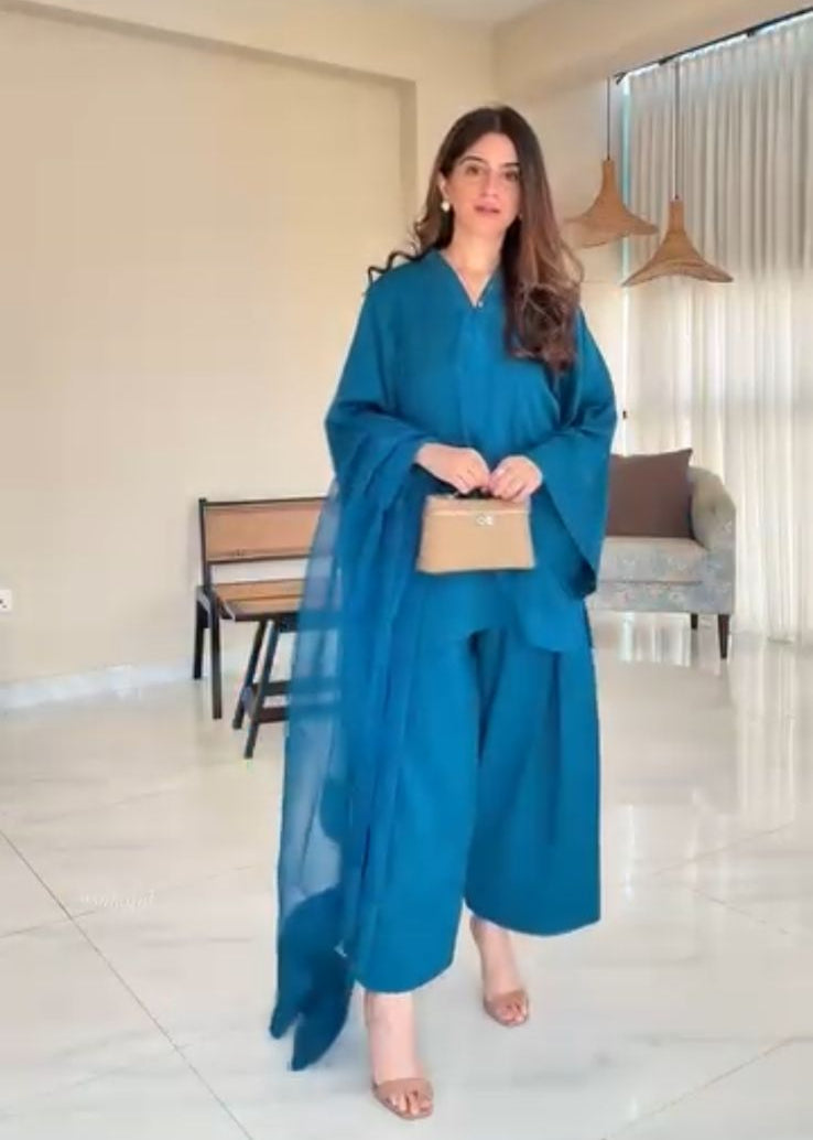 Elegant Blue Malai Satin Co-ord Suit Set for Women D6280