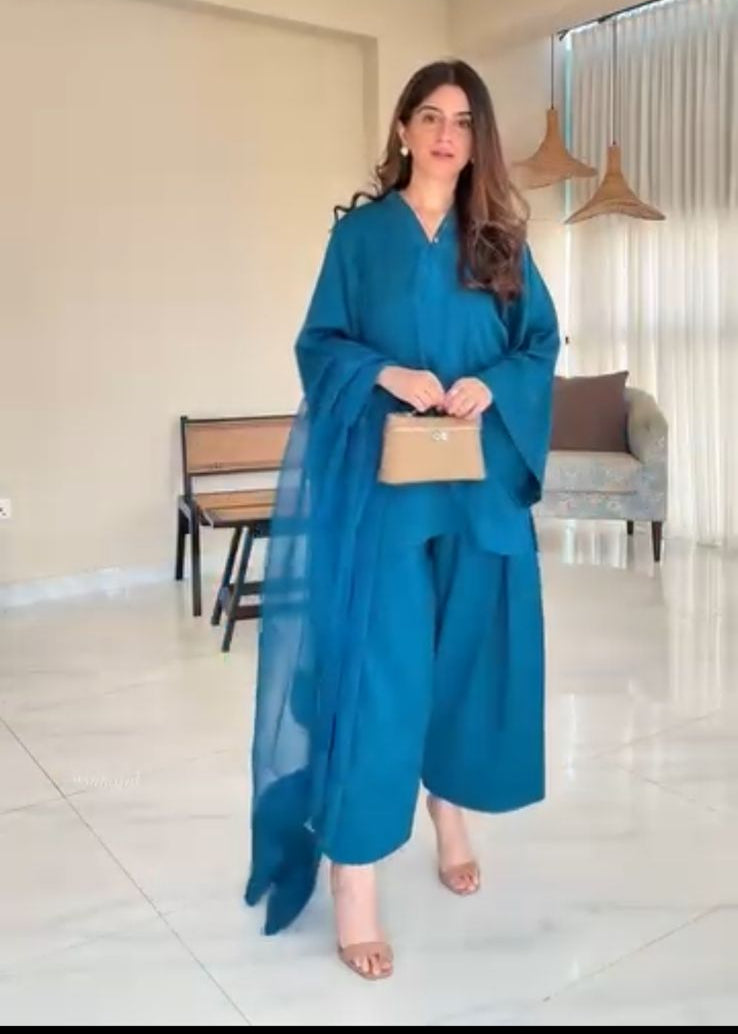 Elegant Blue Malai Satin Co-ord Suit Set for Women D6280