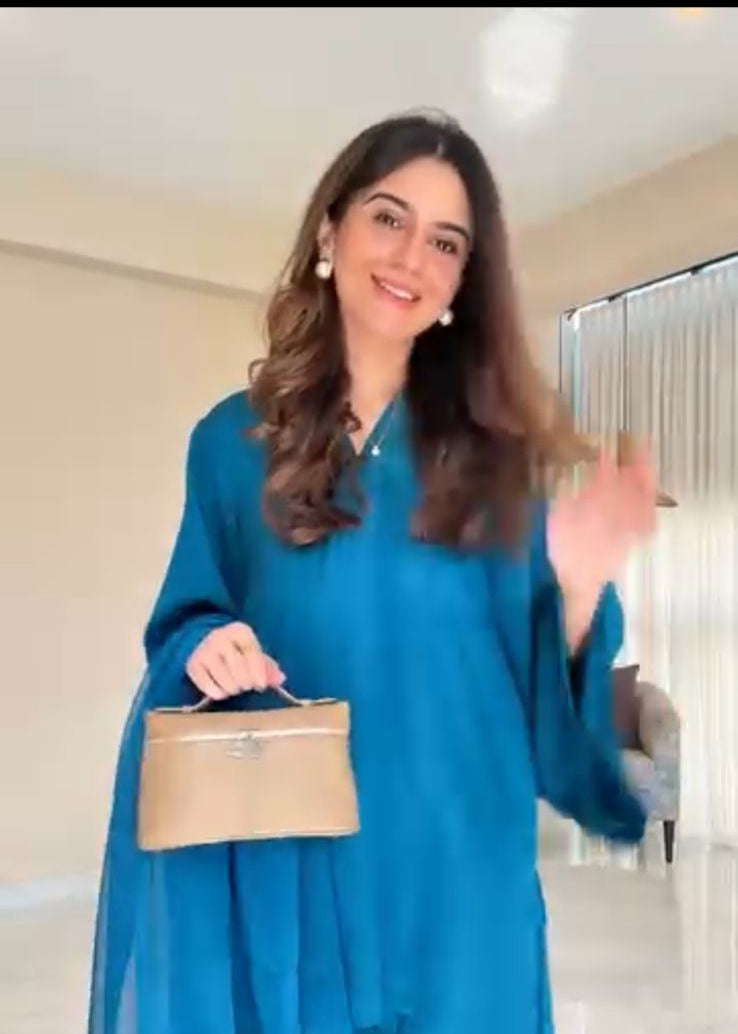 Elegant Blue Malai Satin Co-ord Suit Set for Women D6280
