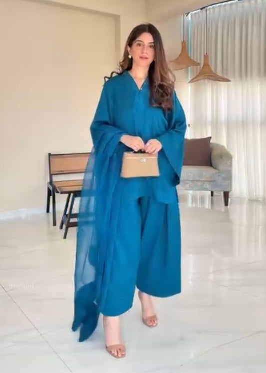 Elegant Blue Malai Satin Co-ord Suit Set for Women D6280