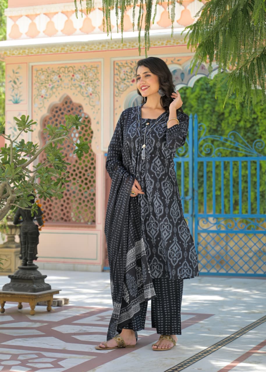 Elegant Cotton Printed Suit Set with Matching Dupatta D6296