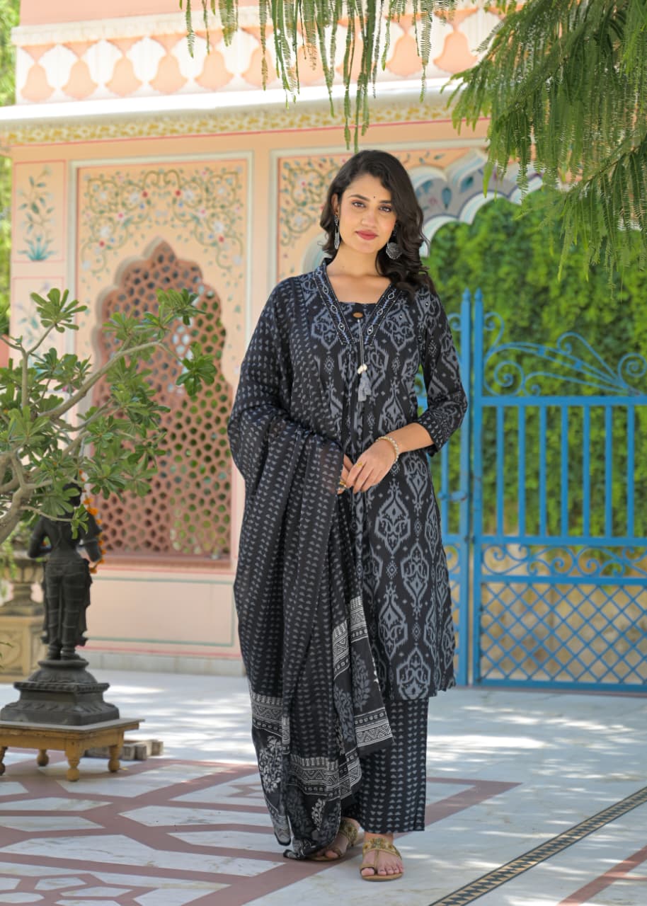 Elegant Cotton Printed Suit Set with Matching Dupatta D6296