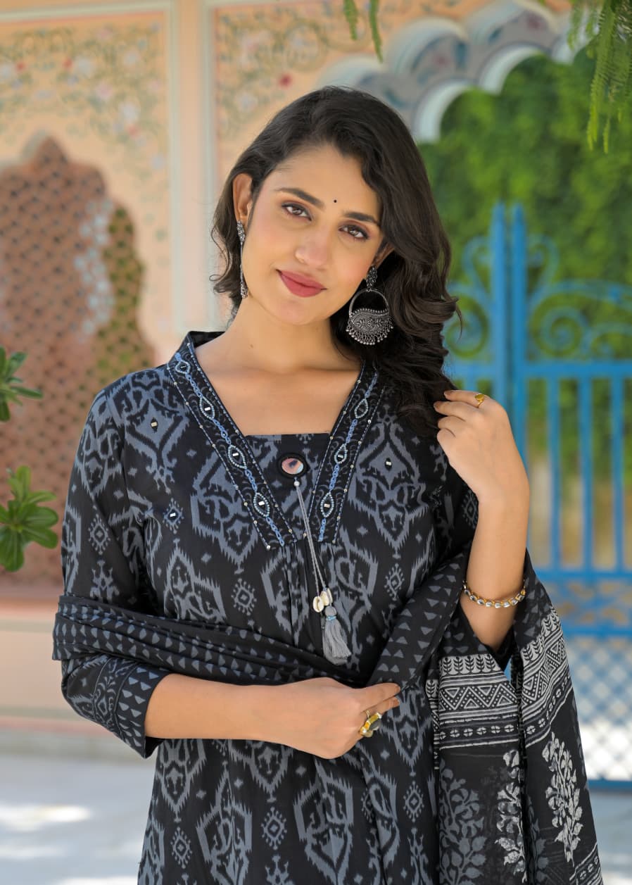Elegant Cotton Printed Suit Set with Matching Dupatta D6296
