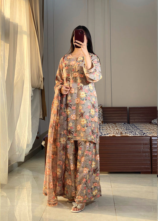 Elegant Floral Muslin Suit Set with Dupatta D6148