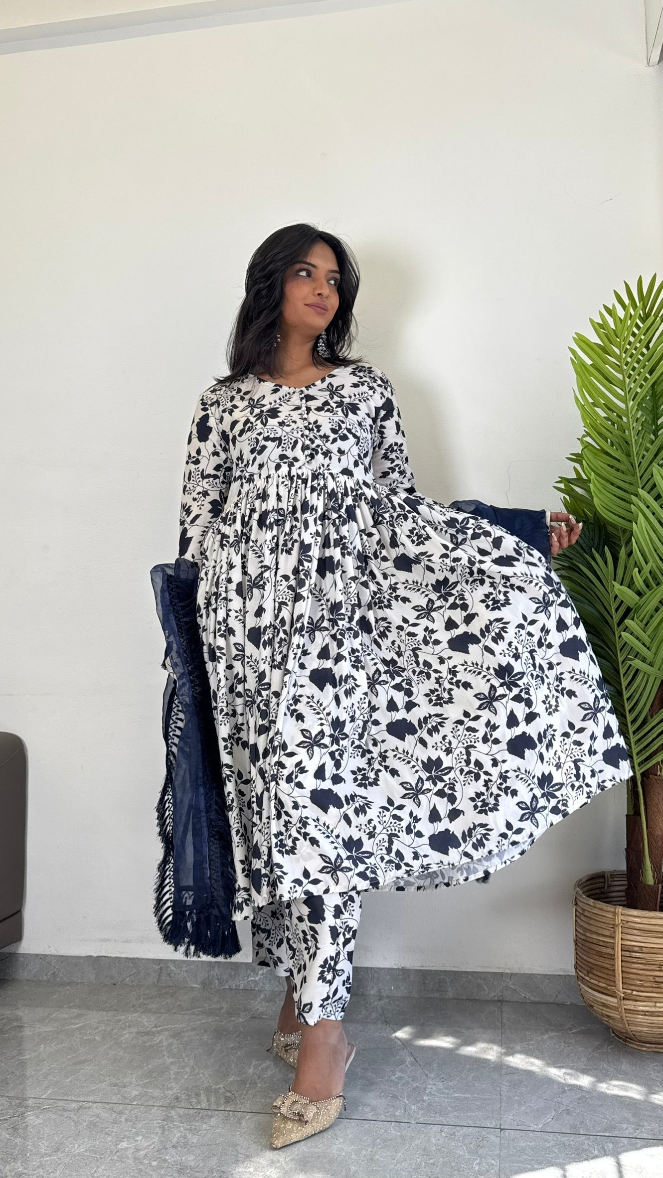 Classic Blue Printed Suit Set for Women D6141 - kharidari