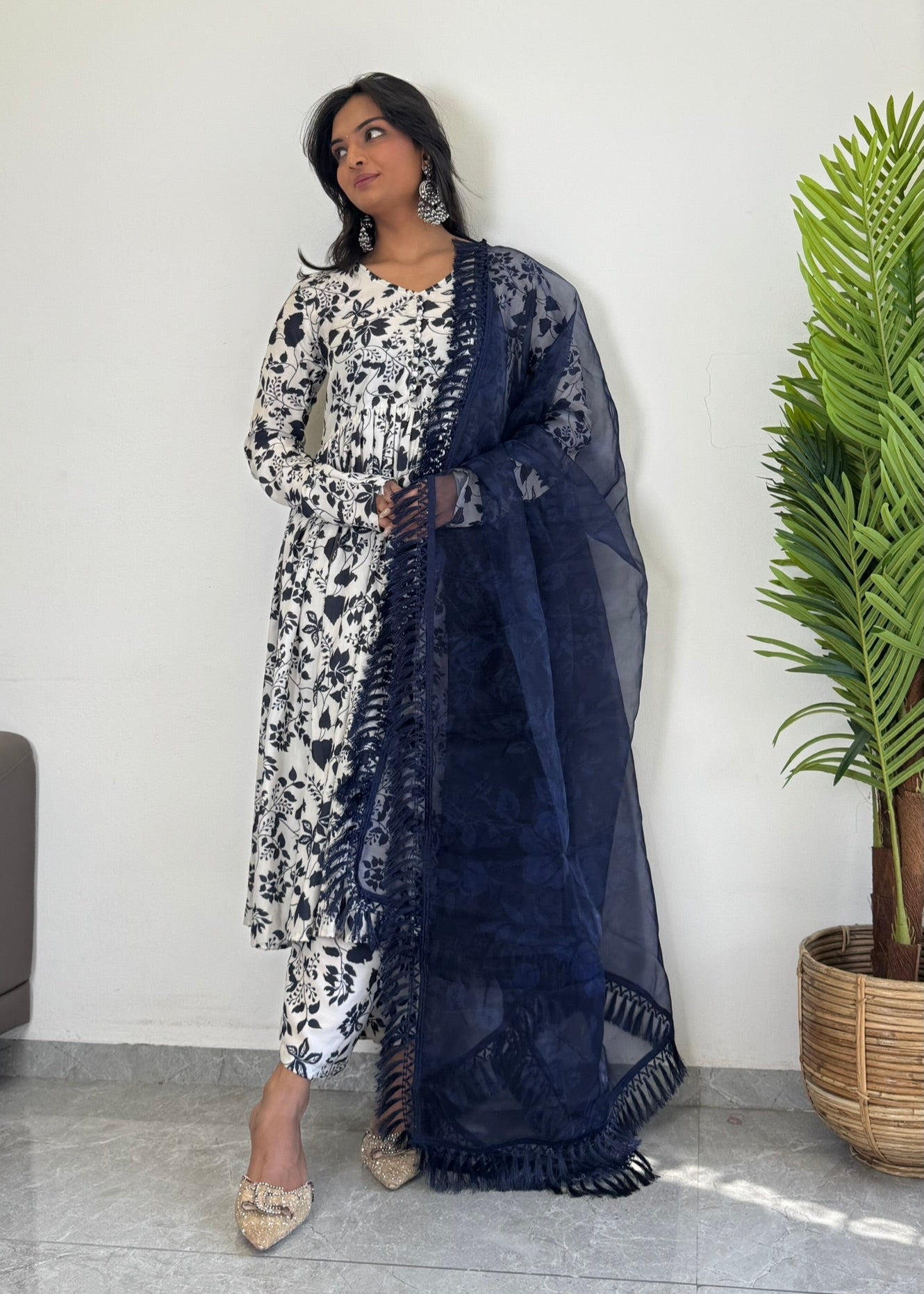 Classic Blue Printed Suit Set for Women – D6141