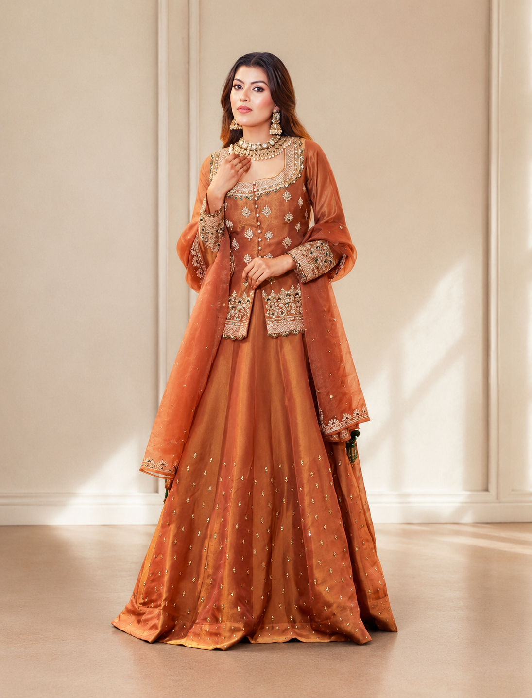 Ethnic Copper Brown Lehenga Choli Set with Sequins Embroidery for Women D6348