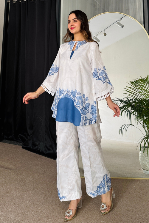 Floral Printed Blue Color Party wear Co-ord Set D6204