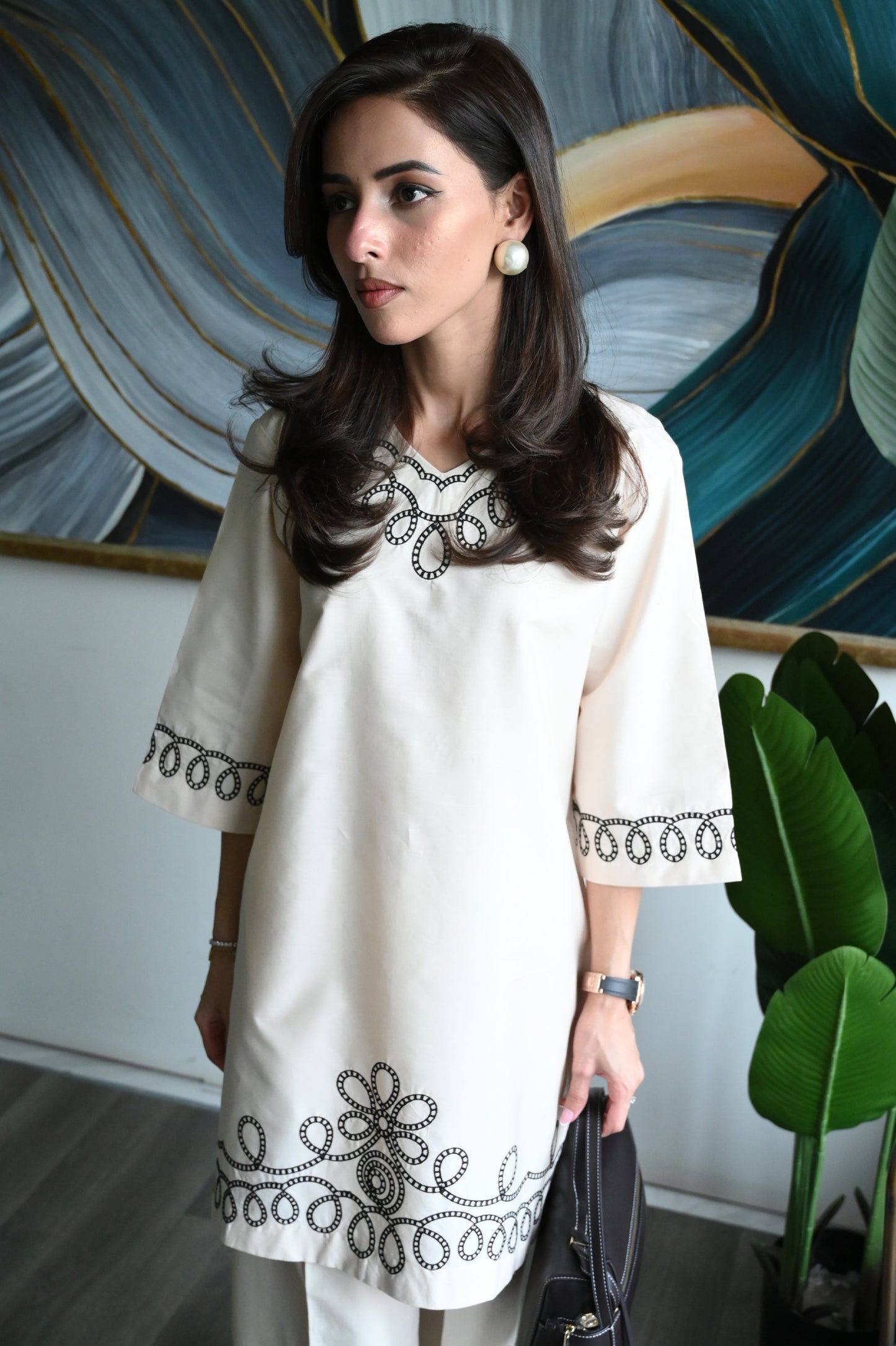 Geometric Floral Loop Design Embroidered Co-ord Set for Women D6297