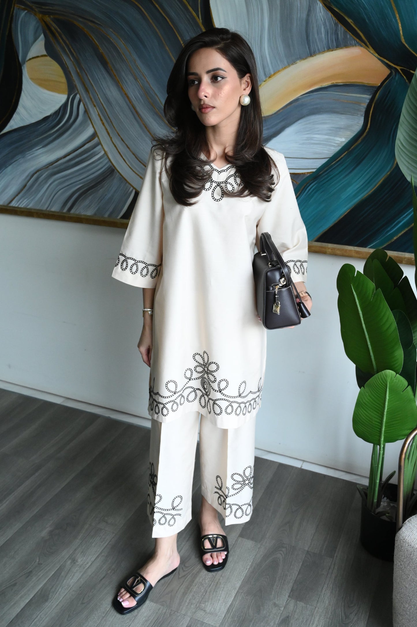 Geometric Floral Loop Design Embroidered Co-ord Set for Women D6297