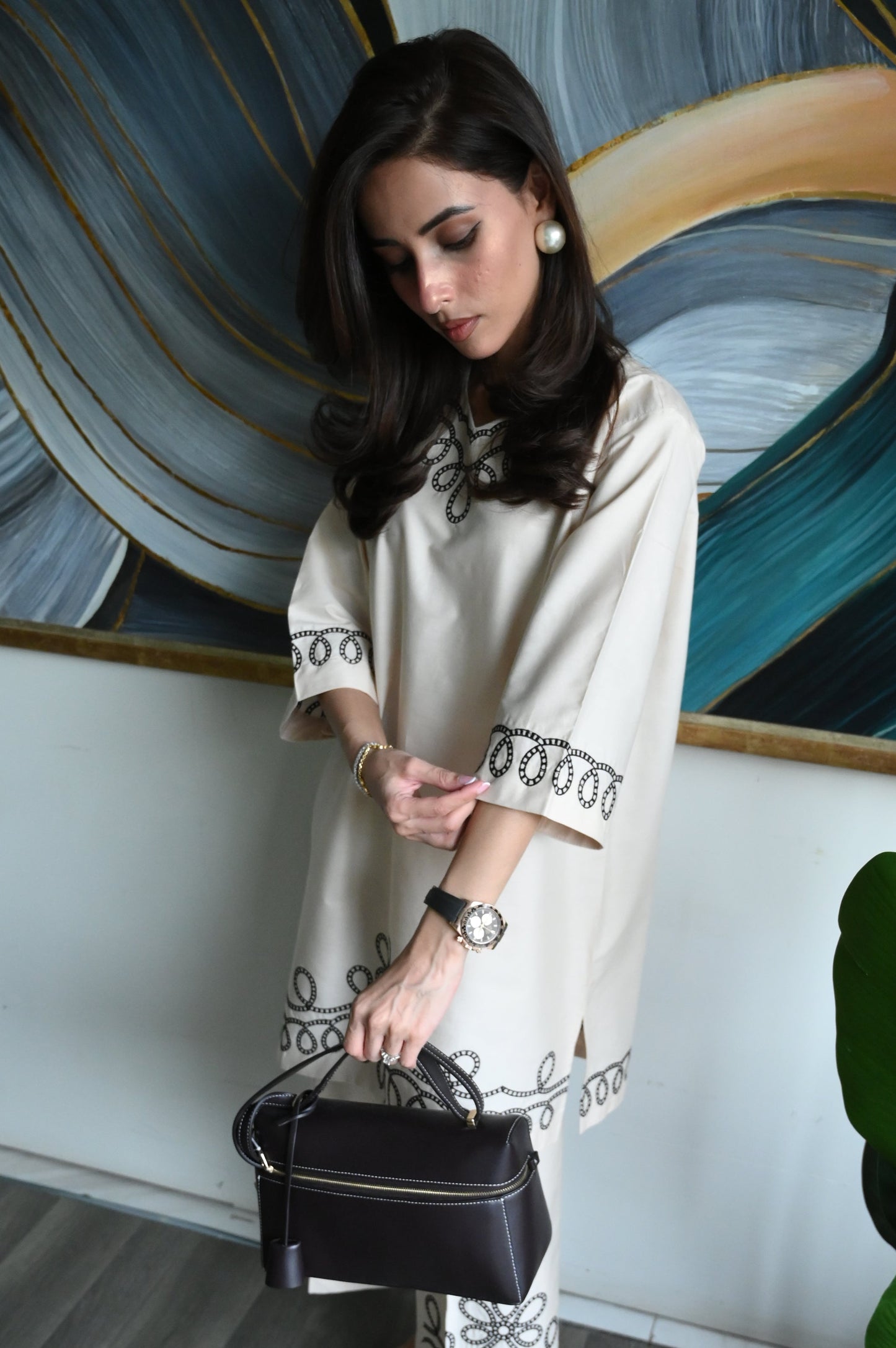 Geometric Floral Loop Design Embroidered Co-ord Set for Women D6297