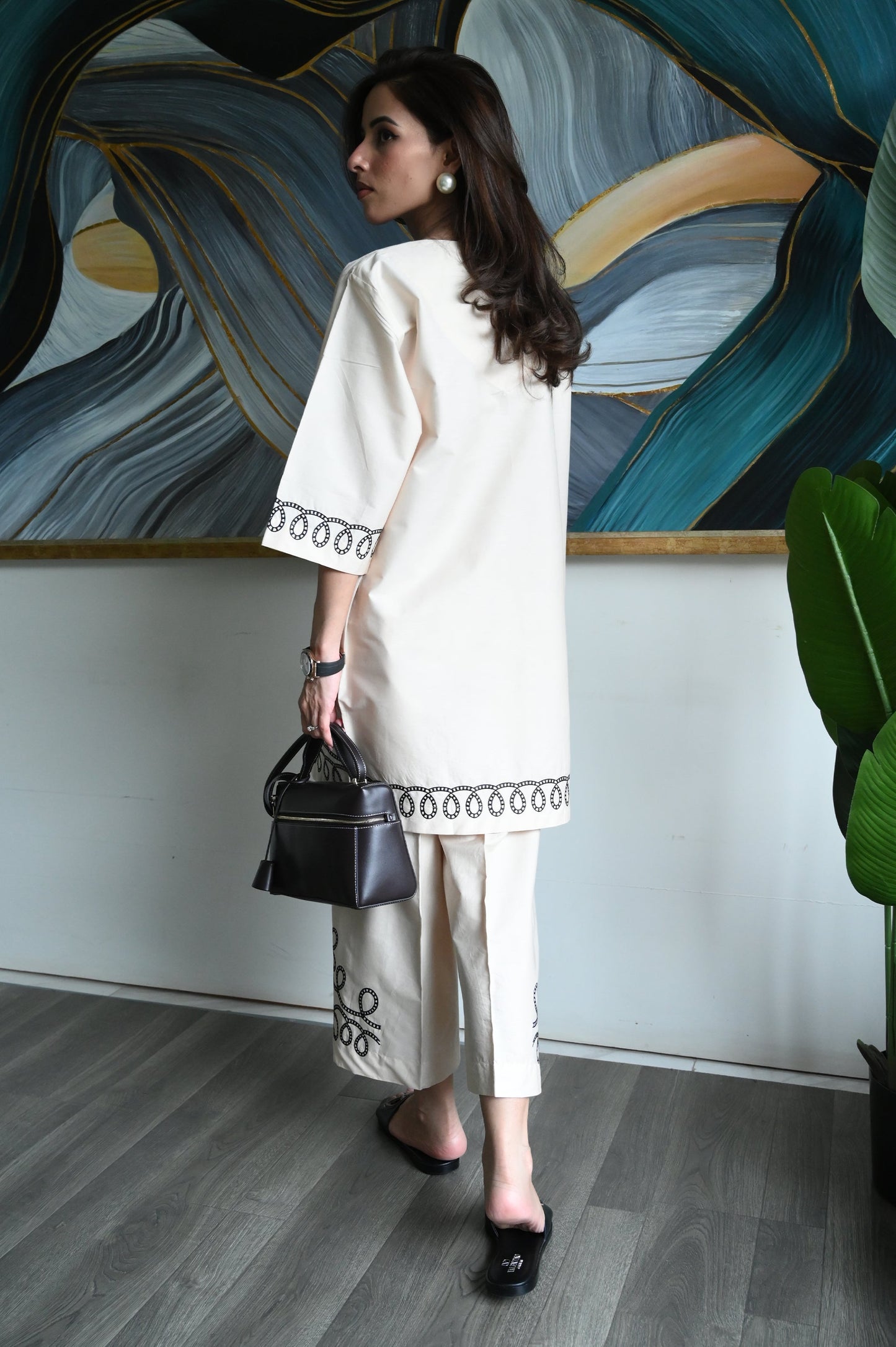 Geometric Floral Loop Design Embroidered Co-ord Set for Women D6297