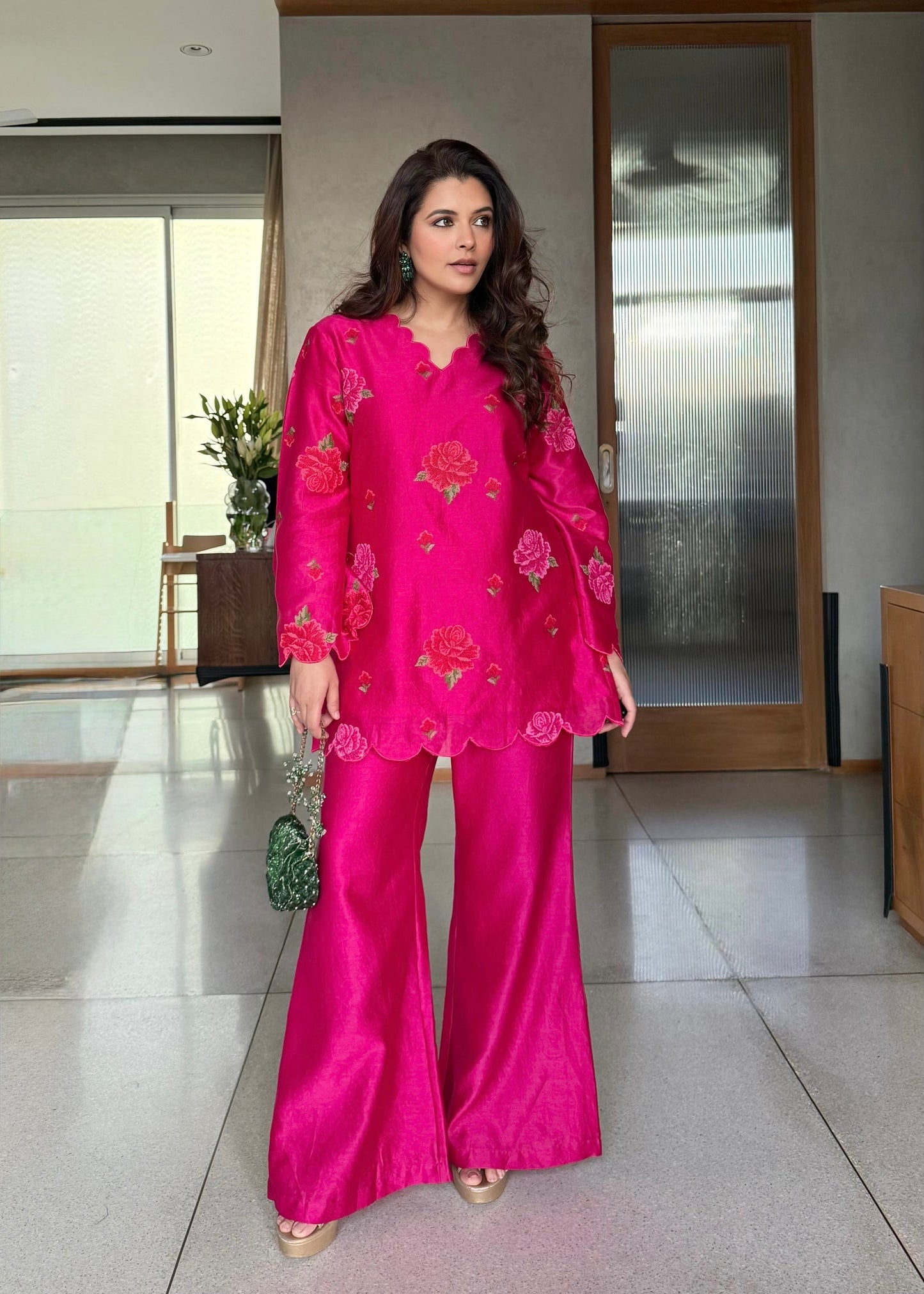 Luxury Roman Silk Embroidered Co-Ord Set in Hot Pink D6344