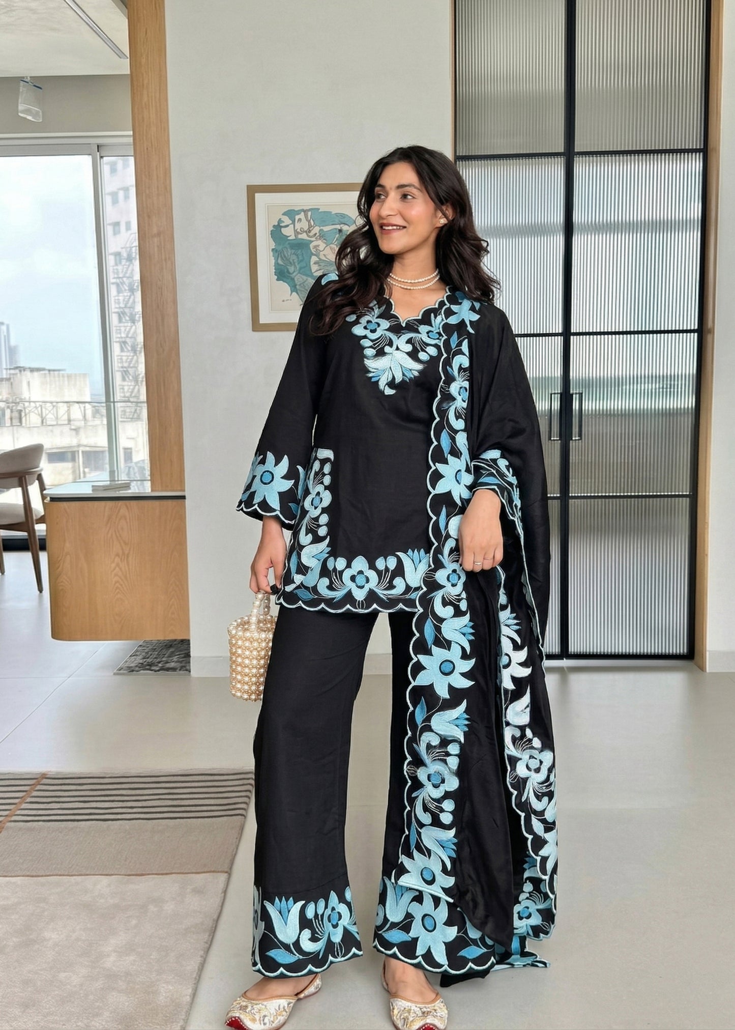 Midnight Black Embroidered Suit Set with Statement Dupatta D6342