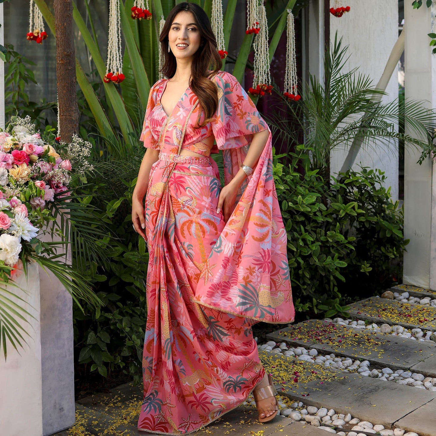 Peach Color  Flower Printed Stylish Georgette Saree 5009