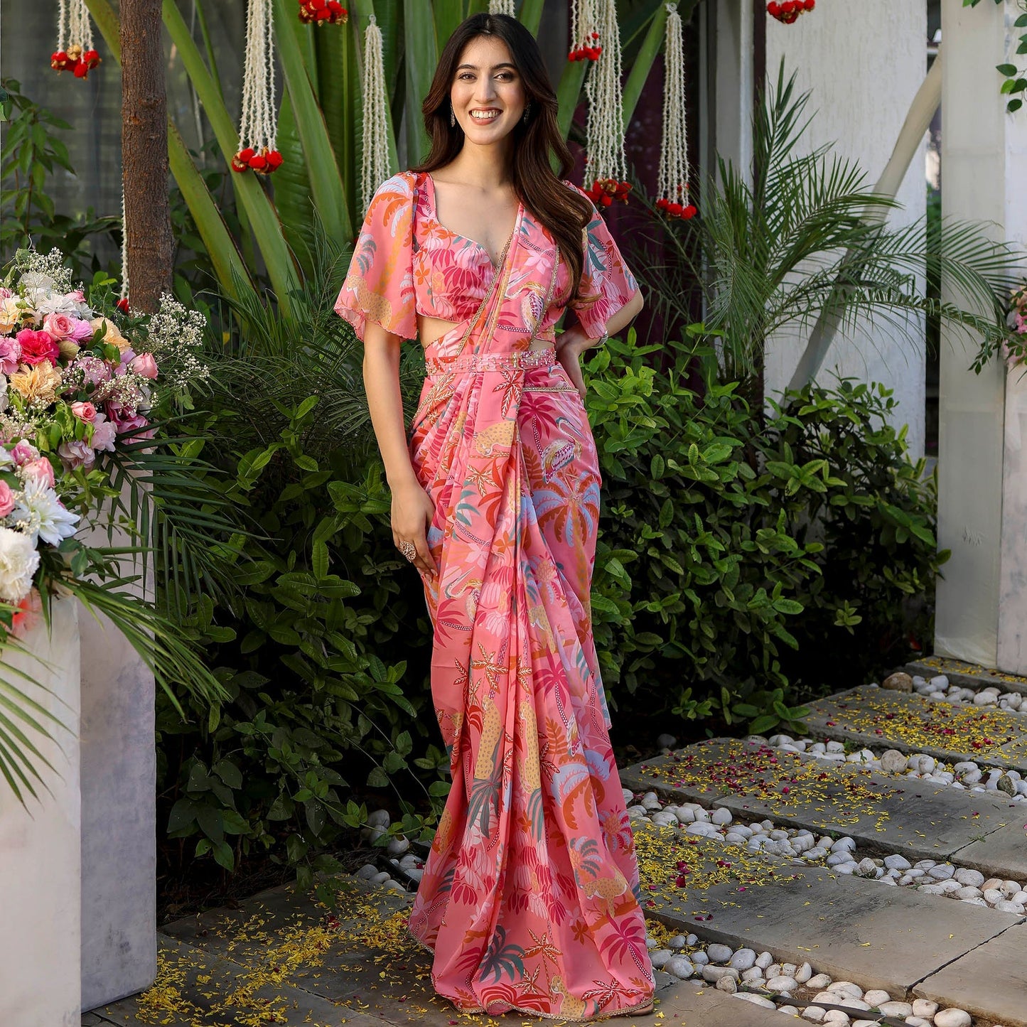 Peach Color  Flower Printed Stylish Georgette Saree 5009