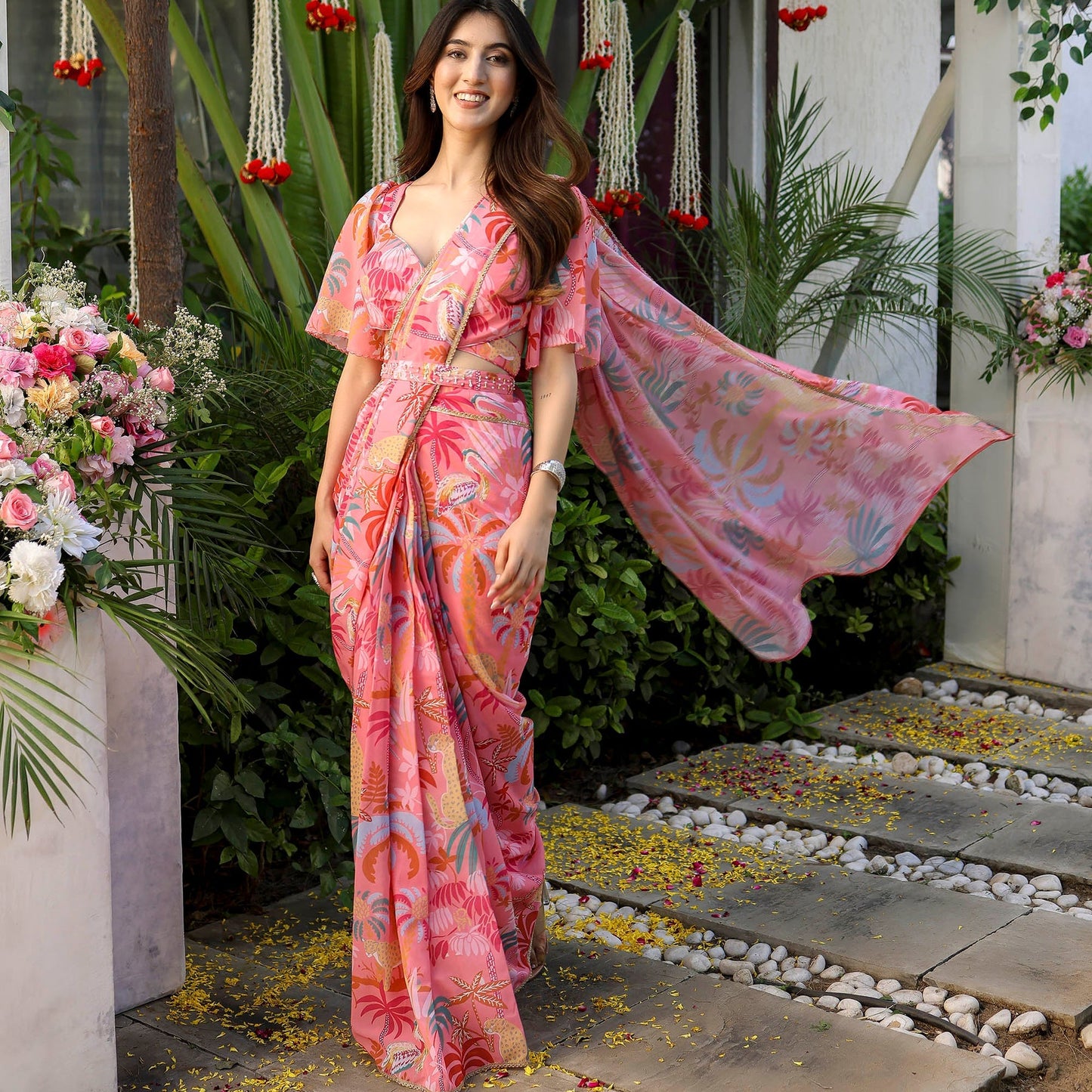 Peach Color  Flower Printed Stylish Georgette Saree 5009