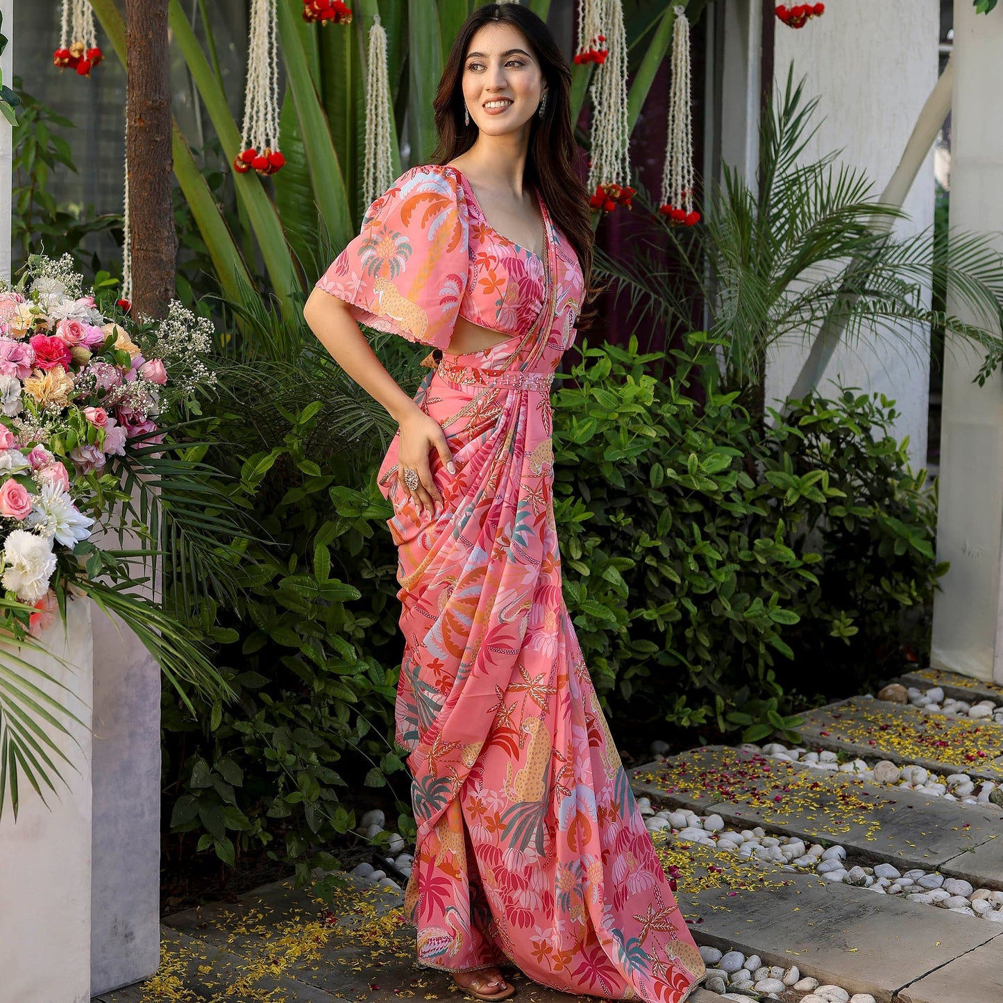 Peach Color  Flower Printed Stylish Georgette Saree 5009