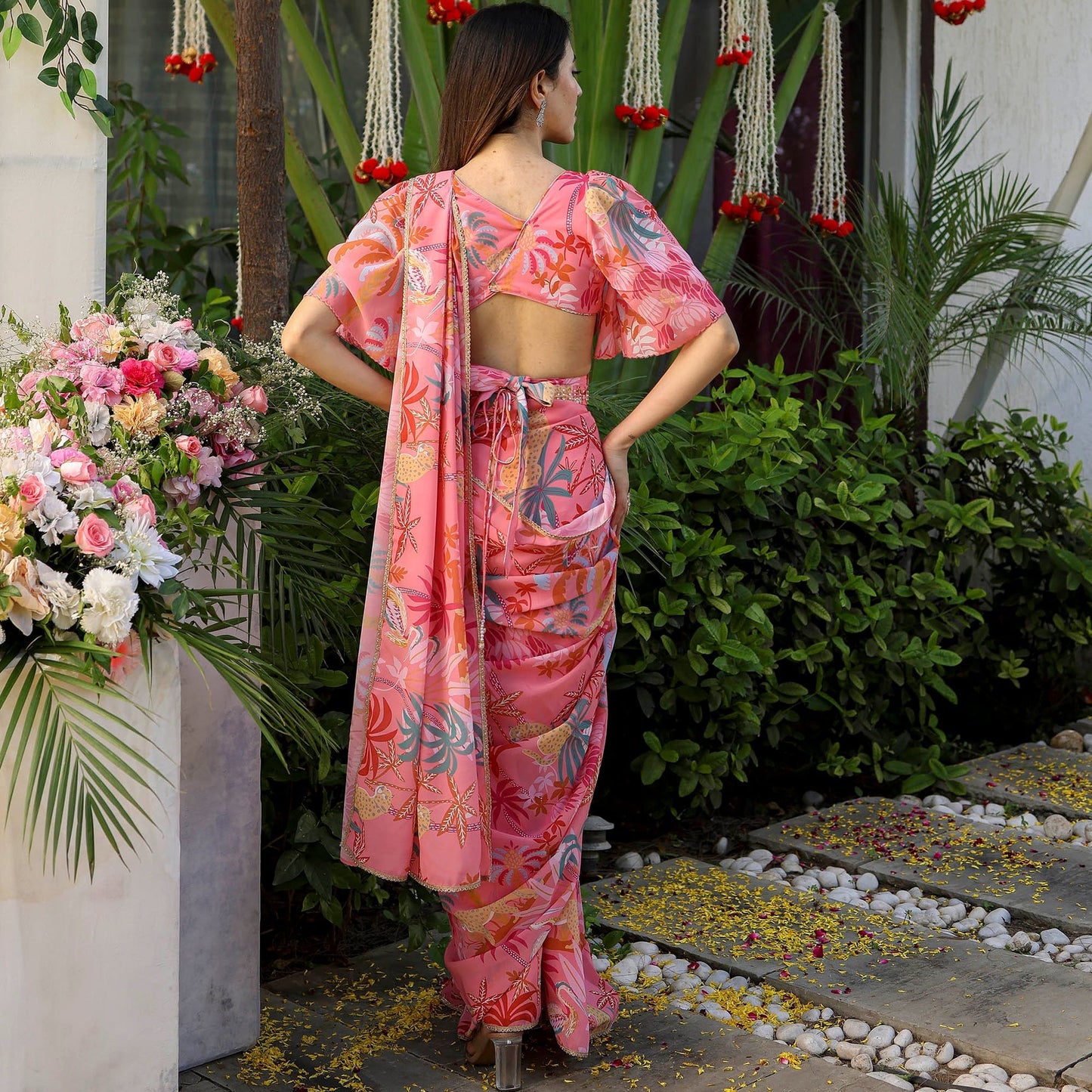 Peach Color  Flower Printed Stylish Georgette Saree 5009