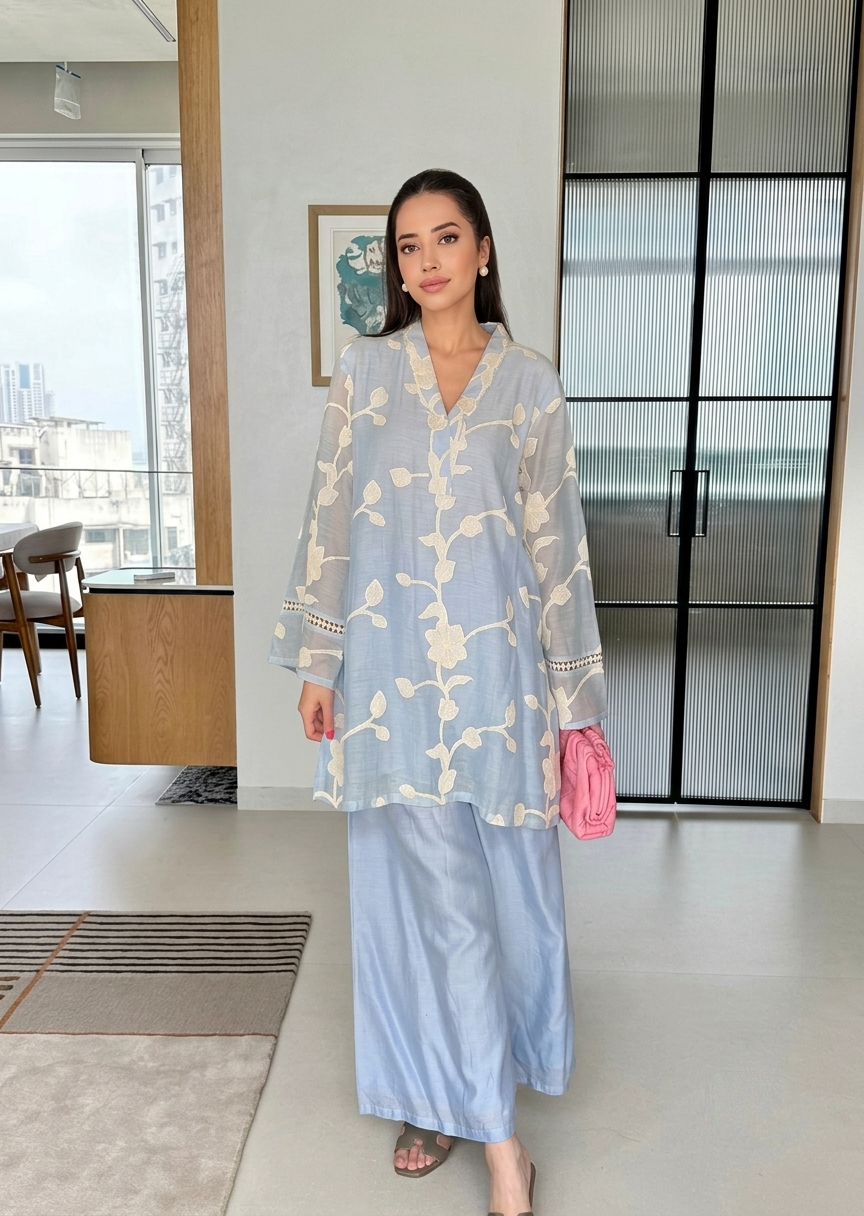 Premium Floral Embroidered Co-Ord Set – Sky Blue D6353