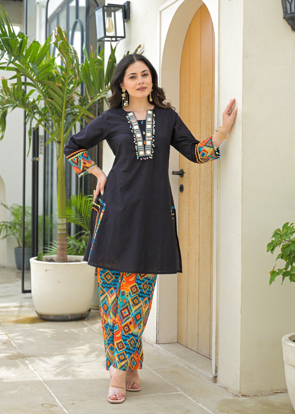 Attractive Roman Silk Co-ord Set with Embroidered Neckline & Jacquard Bottom D6262