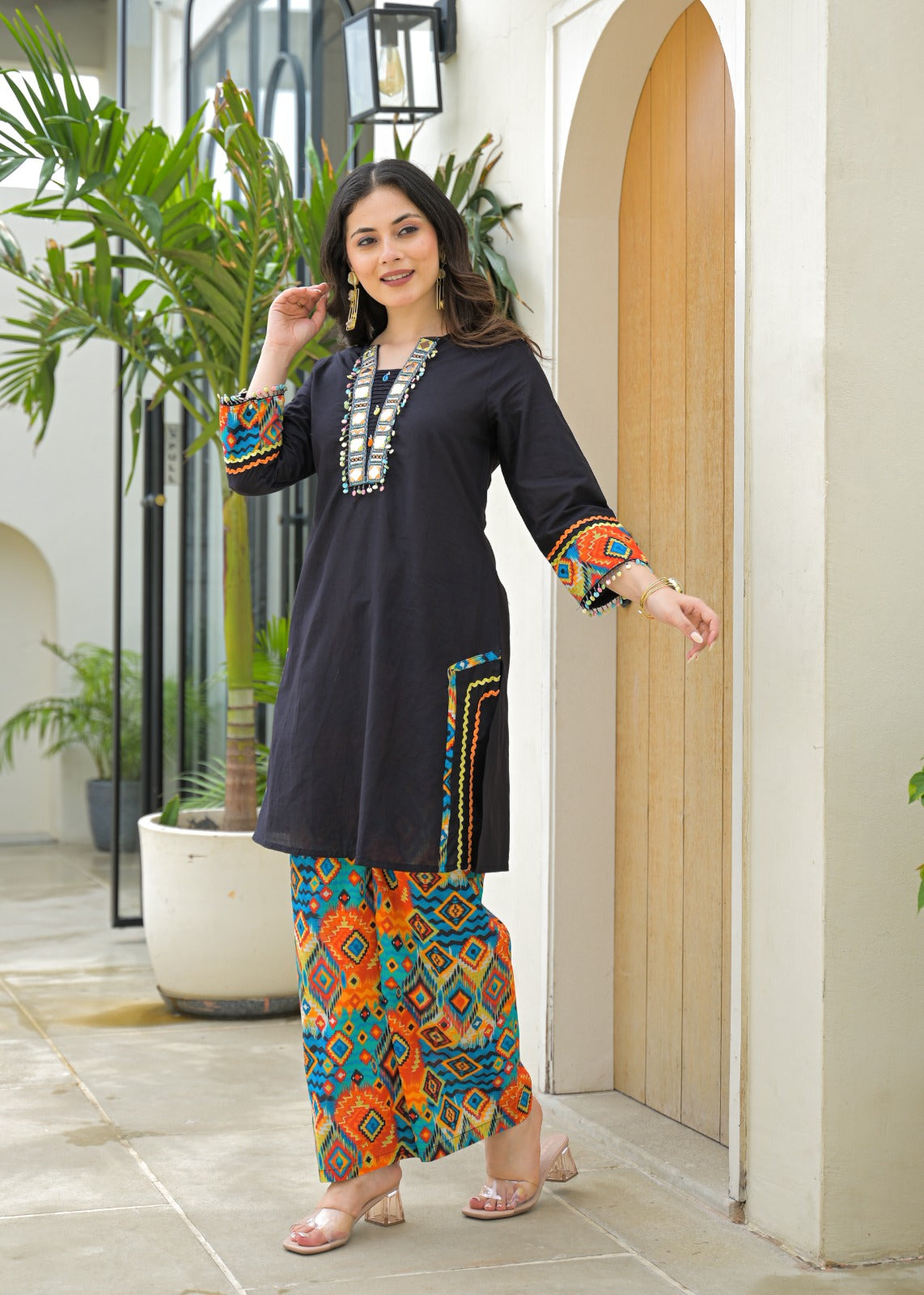 Attractive Roman Silk Co-ord Set with Embroidered Neckline & Jacquard Bottom D6262