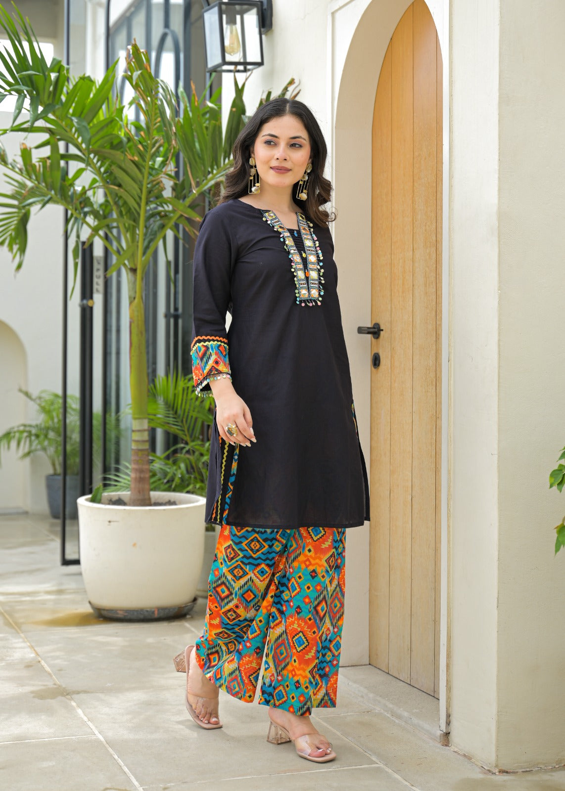 Attractive Roman Silk Co-ord Set with Embroidered Neckline & Jacquard Bottom D6262