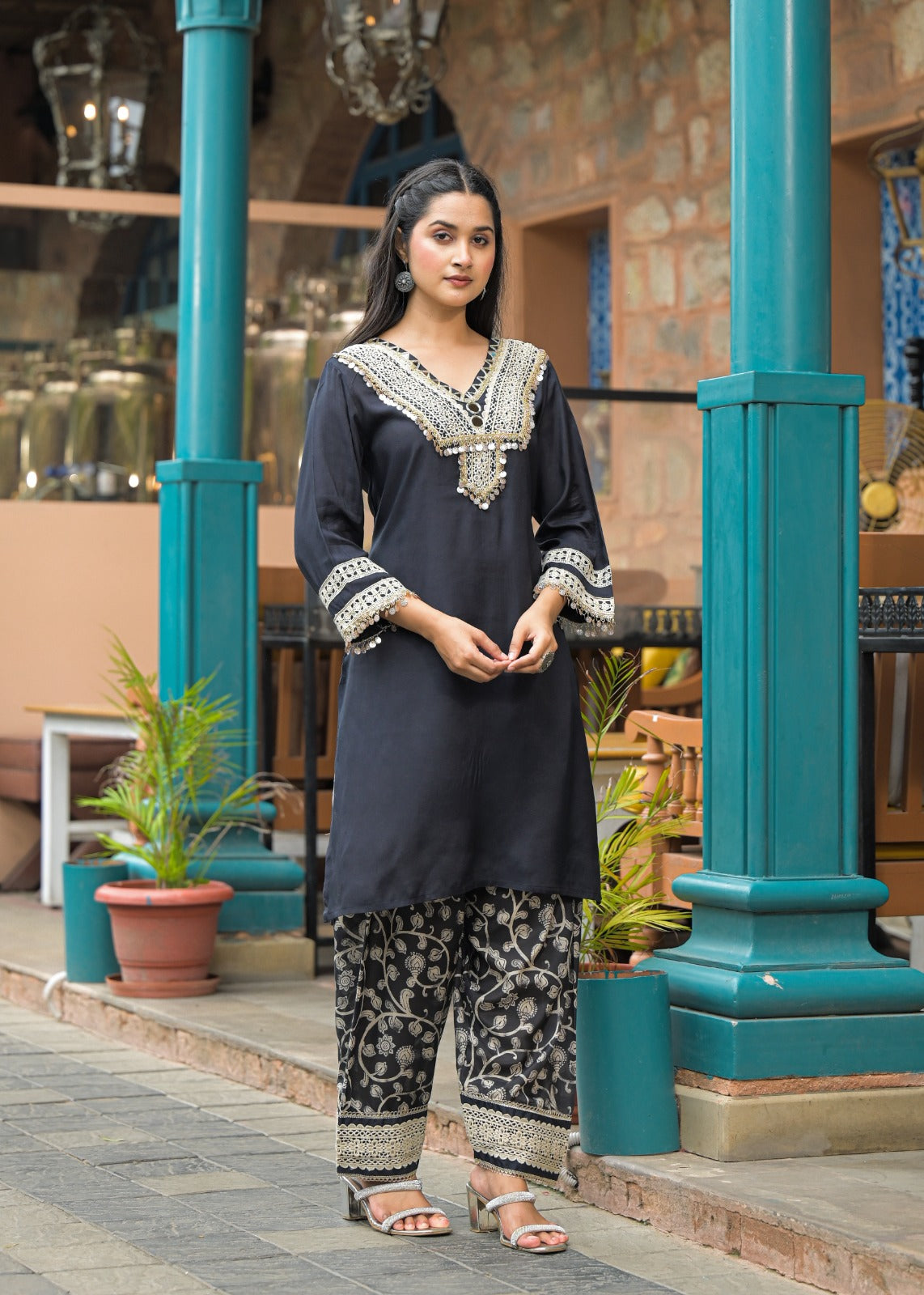 Roman Silk Co-ord Set with Pure Jacquard Bottom co-ord set – Elegant & Luxe D6260