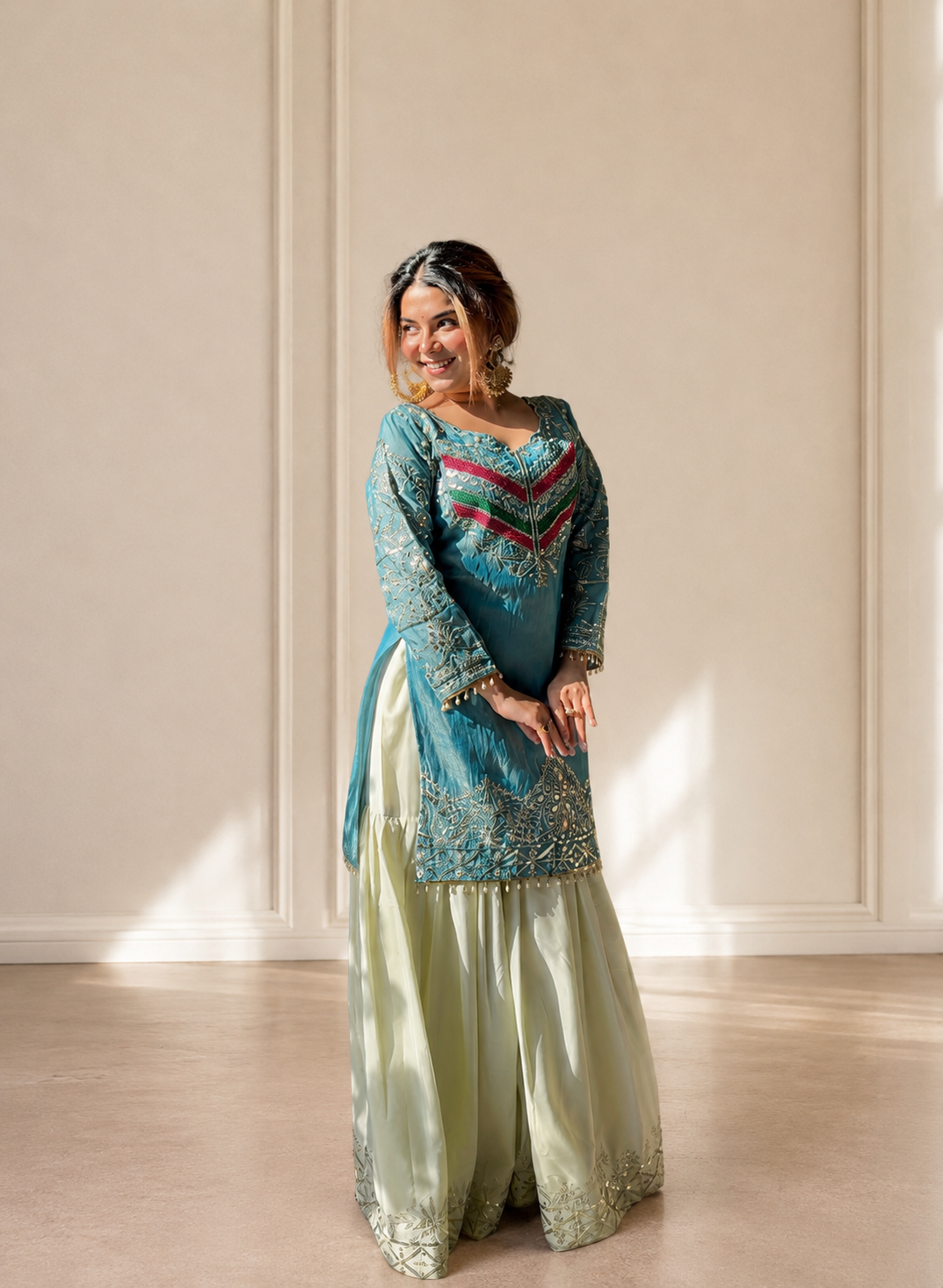 Royal Teal Blue Embroidered Kurta Palazzo Set with Designer Organza Dupatta D6350
