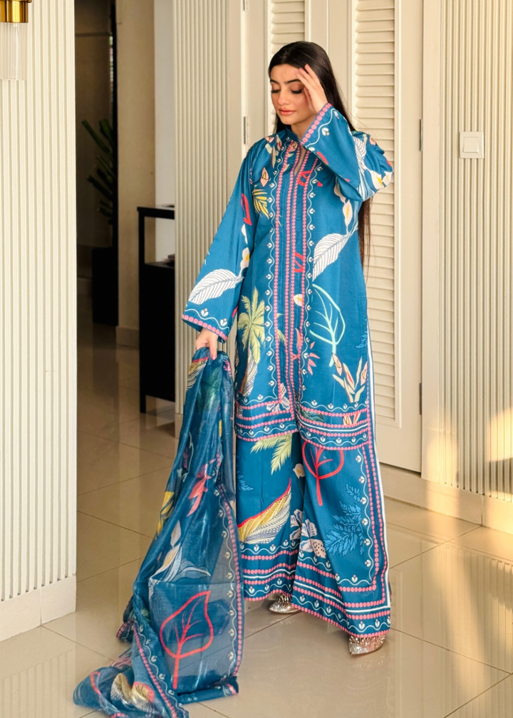 Sophisticated Blue Printed Suit Set with Dupatta  – D6132