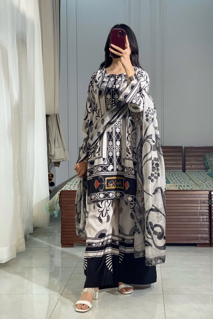 Stylish Black Printed Suit Set with Dupatta – D6130