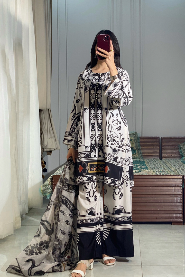 Stylish Black Printed Suit Set with Dupatta – D6130