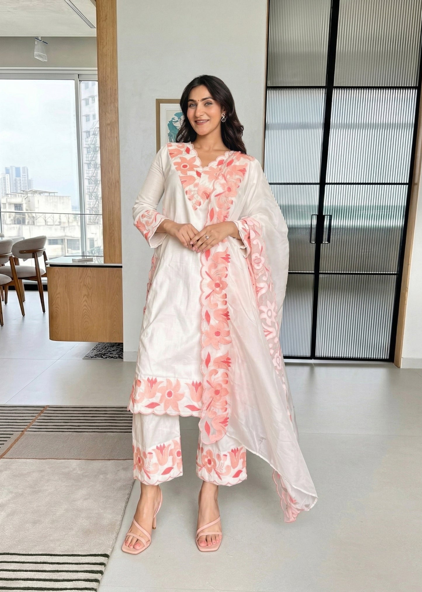 Stylish Thread Work Rayon Suit Set with Organza Dupatta D6341