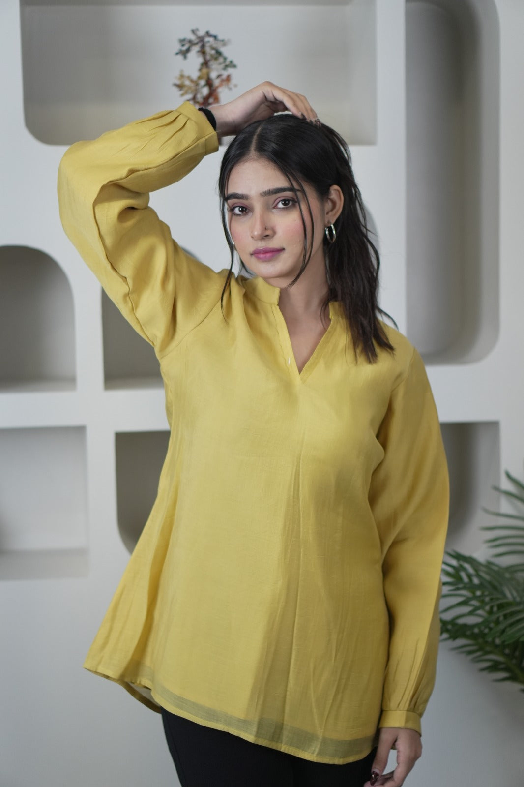Stylish Yellow Mul Chanderi Long Sleeve Top for Women D6277
