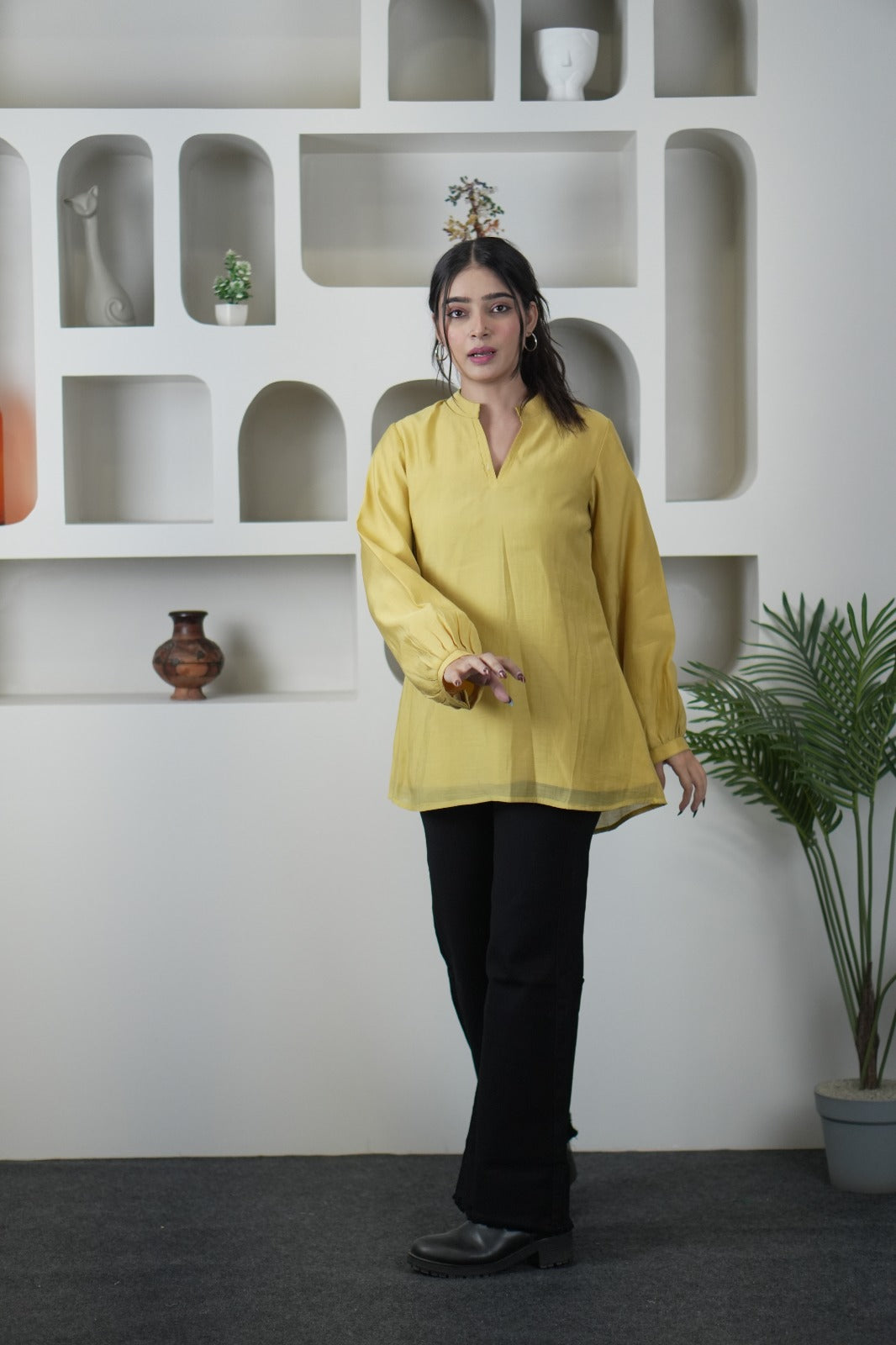 Stylish Yellow Mul Chanderi Long Sleeve Top for Women D6277
