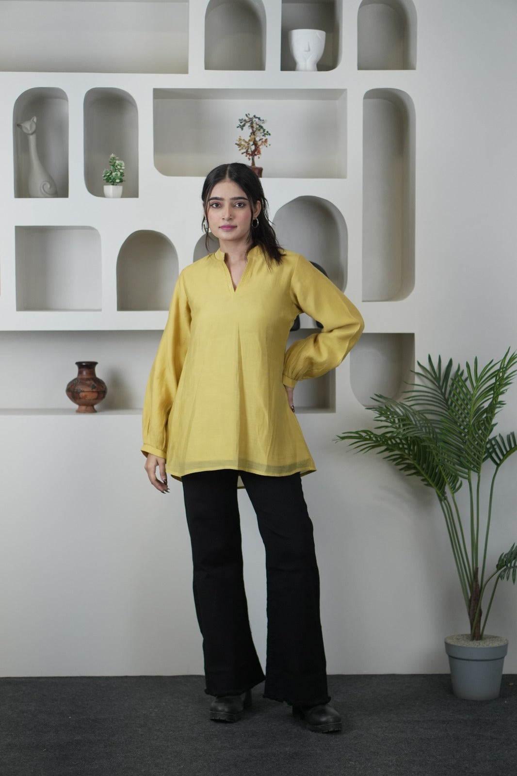Stylish Yellow Mul Chanderi Long Sleeve Top for Women D6277