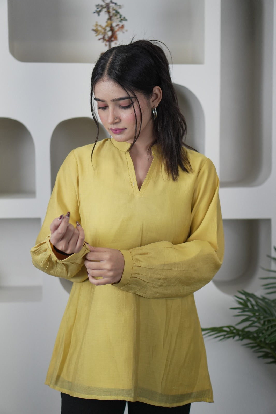 Stylish Yellow Mul Chanderi Long Sleeve Top for Women D6277