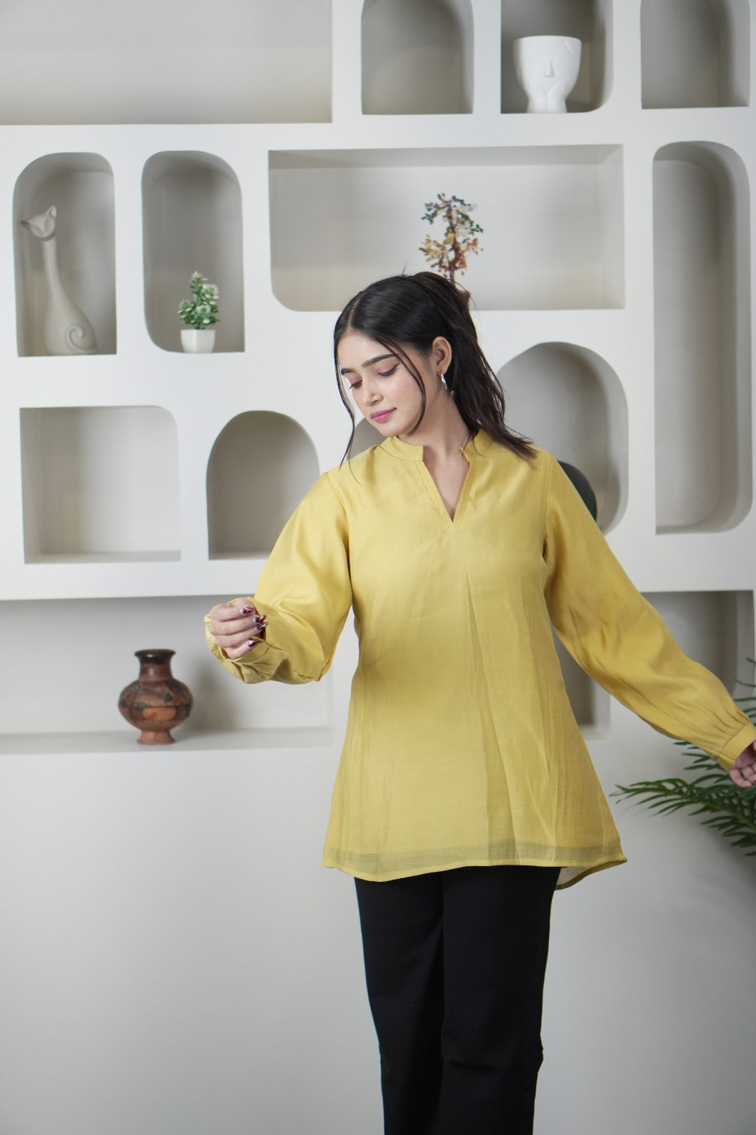 Stylish Yellow Mul Chanderi Long Sleeve Top for Women D6277