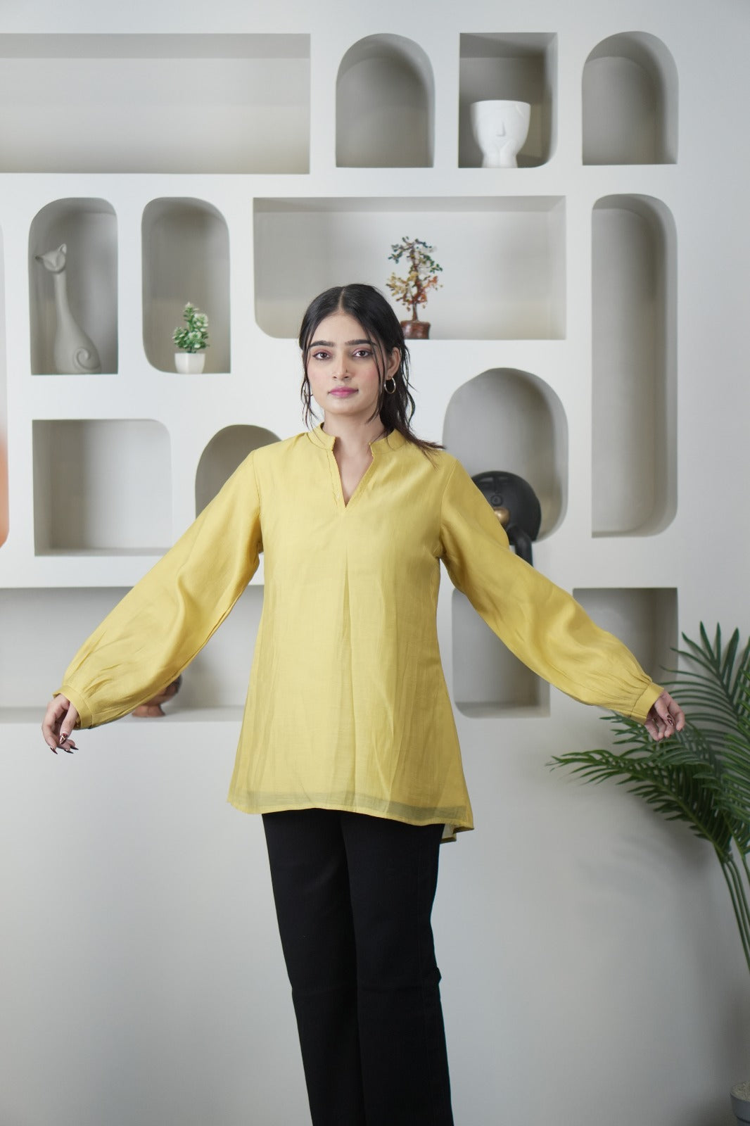 Stylish Yellow Mul Chanderi Long Sleeve Top for Women D6277