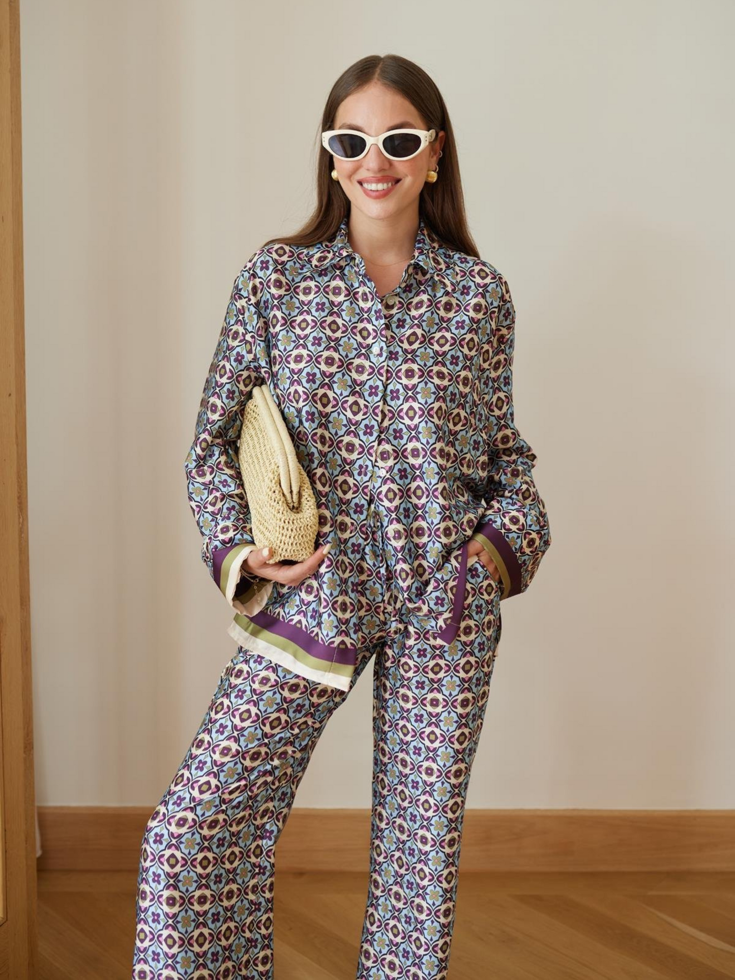 Trendy Armani silk Printed Co-ord Set with Relaxed Fit Pants D6316