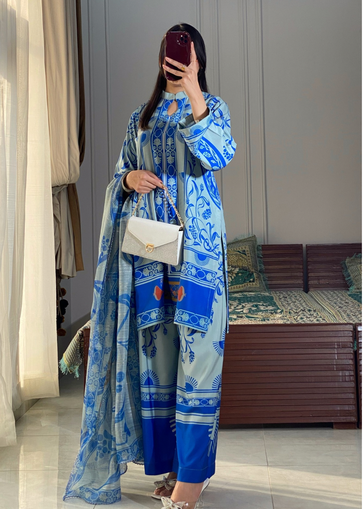 Trendy Blue Printed Suit Set With Dupatta D6129