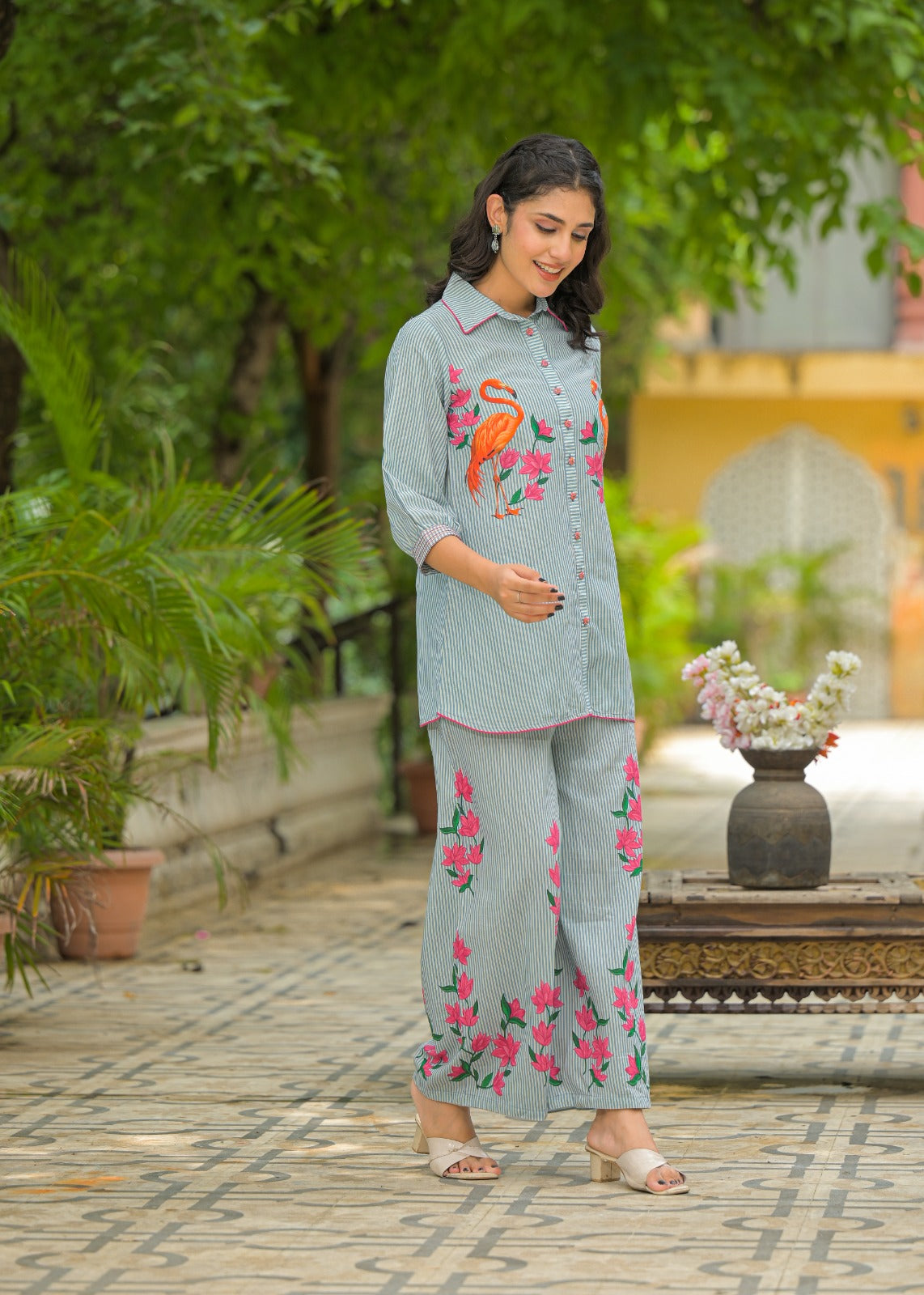 Vibrant Flamingo Printed Pure Cotton Co-ord Set Fresh & Playful Style D6257 - kharidari