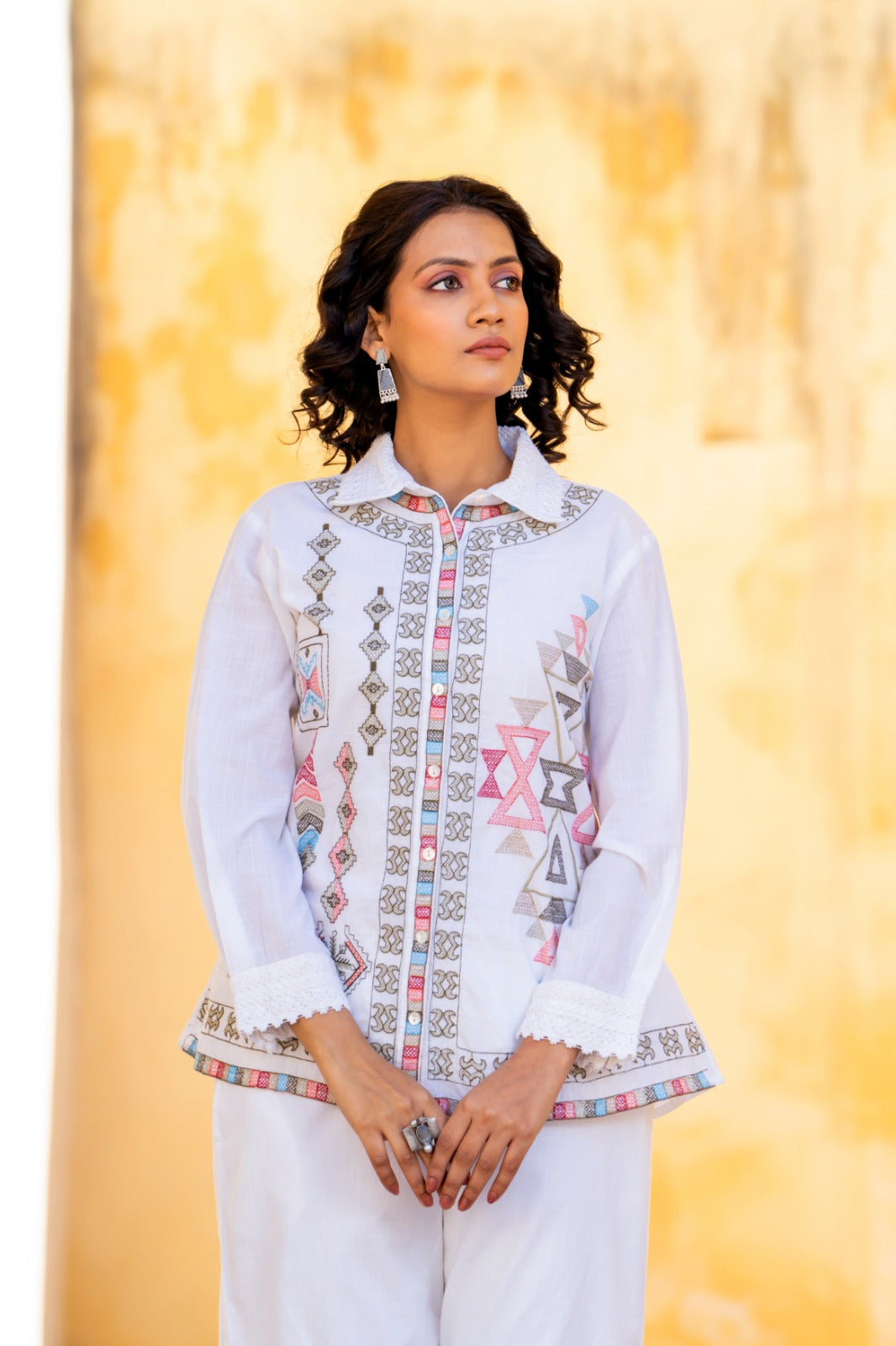 White Geometric Embroidered Cotton Co-ord Set D6272