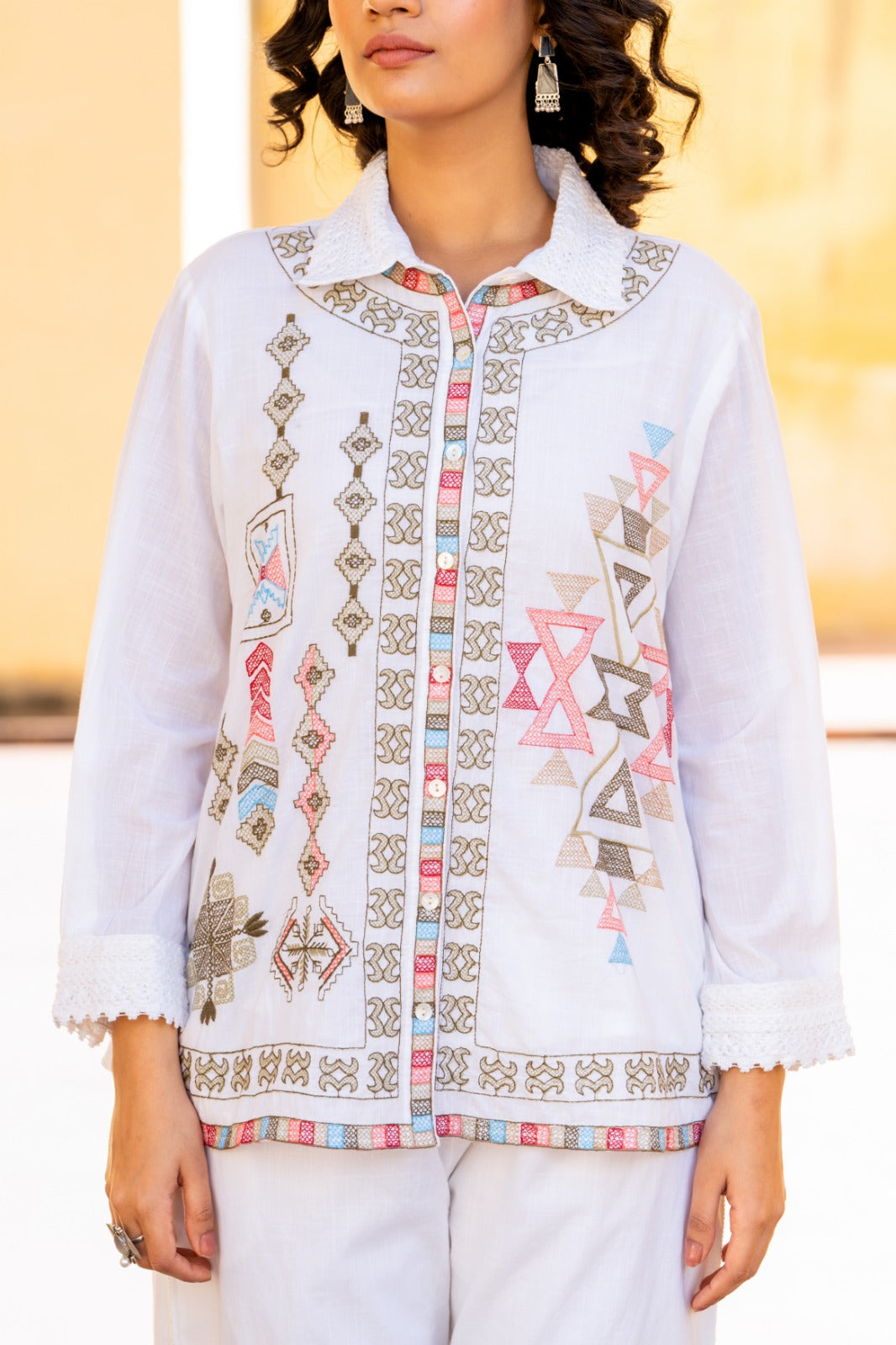 White Geometric Embroidered Cotton Co-ord Set D6272