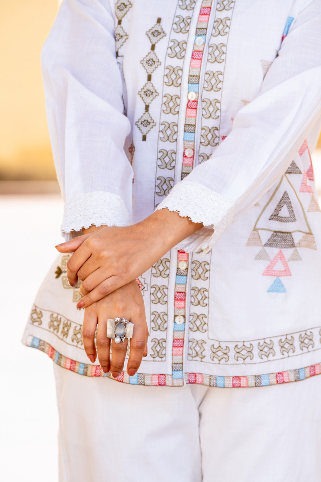 White Geometric Embroidered Cotton Co-ord Set D6272
